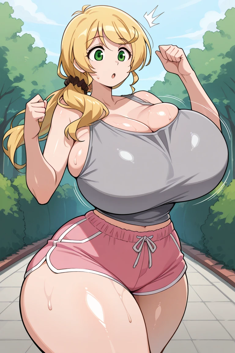 High resolution, Tsunade Senju, 1 girl, ((bimbo))), long blond hair, pony tail, puffy lips, painted lips, thick lips, wide hips, thick thighs, huge ass, sexy face, craving lust face , enormous huge natural breasts, revealing cleavage, young, 20 years old, slim figure, skirt, pink cheerleader, highschool, squishy breasts, thick saggy breasts, huge nipples, breasts bulge,