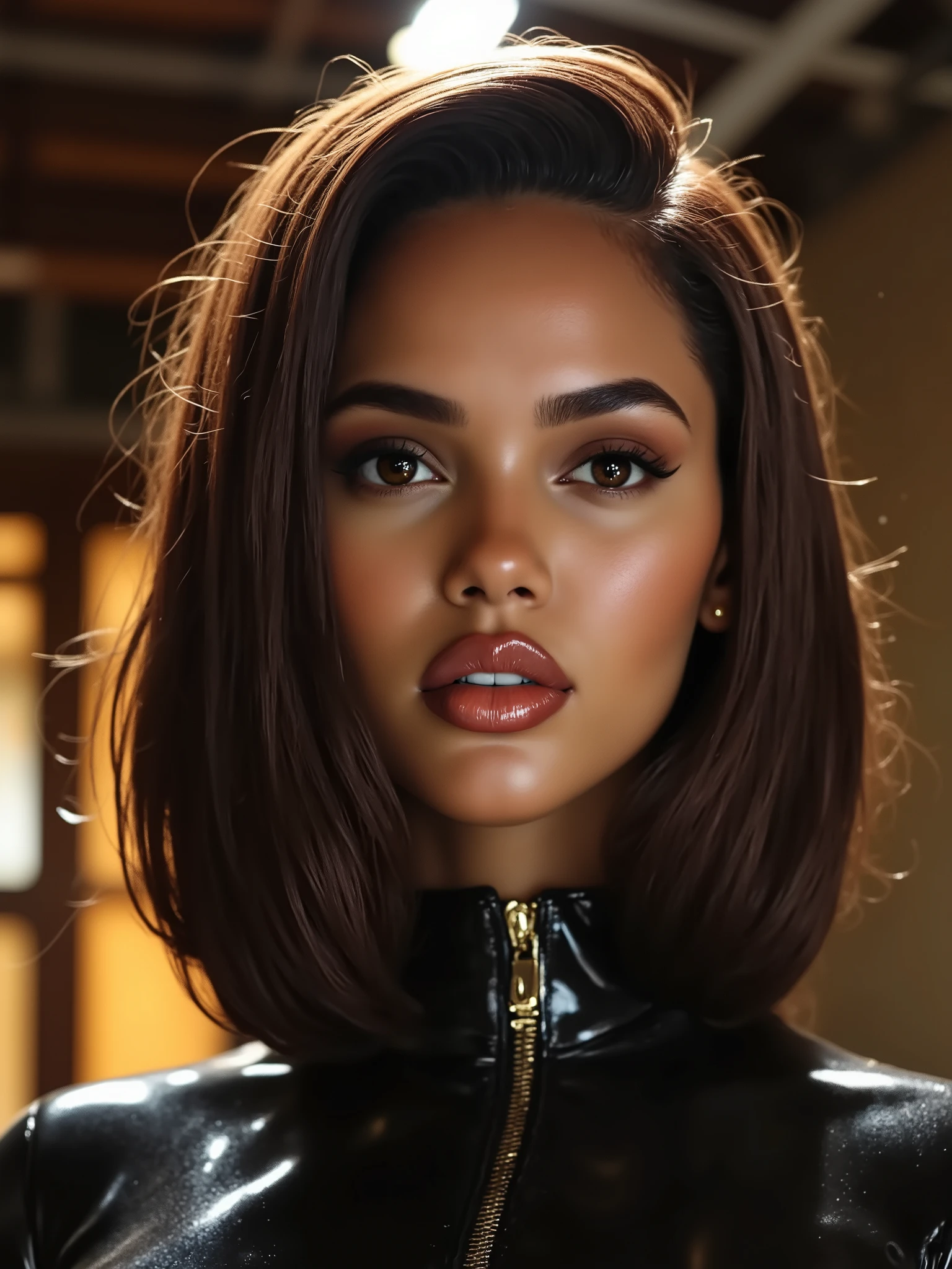 A portrait of a woman, (makeup:1.4), amazing body, (fit body:1.2), latex outfit, highly detailed fur, long hair, natural skin texture, 4k textures, detailed belly, Highly detailed perfect , Lightroom, Intricate, Ultra-Realistic, Out There, (HDR:1.3), UHD, (Intricate Detail, Hyper-Detailed:1.1), Cinematic, Photoreal, (Dark Shot:1.2), Dramatic, High Contrast, (Warm Color:1.1) , muted colors, master piece, elegant, sharp focus,