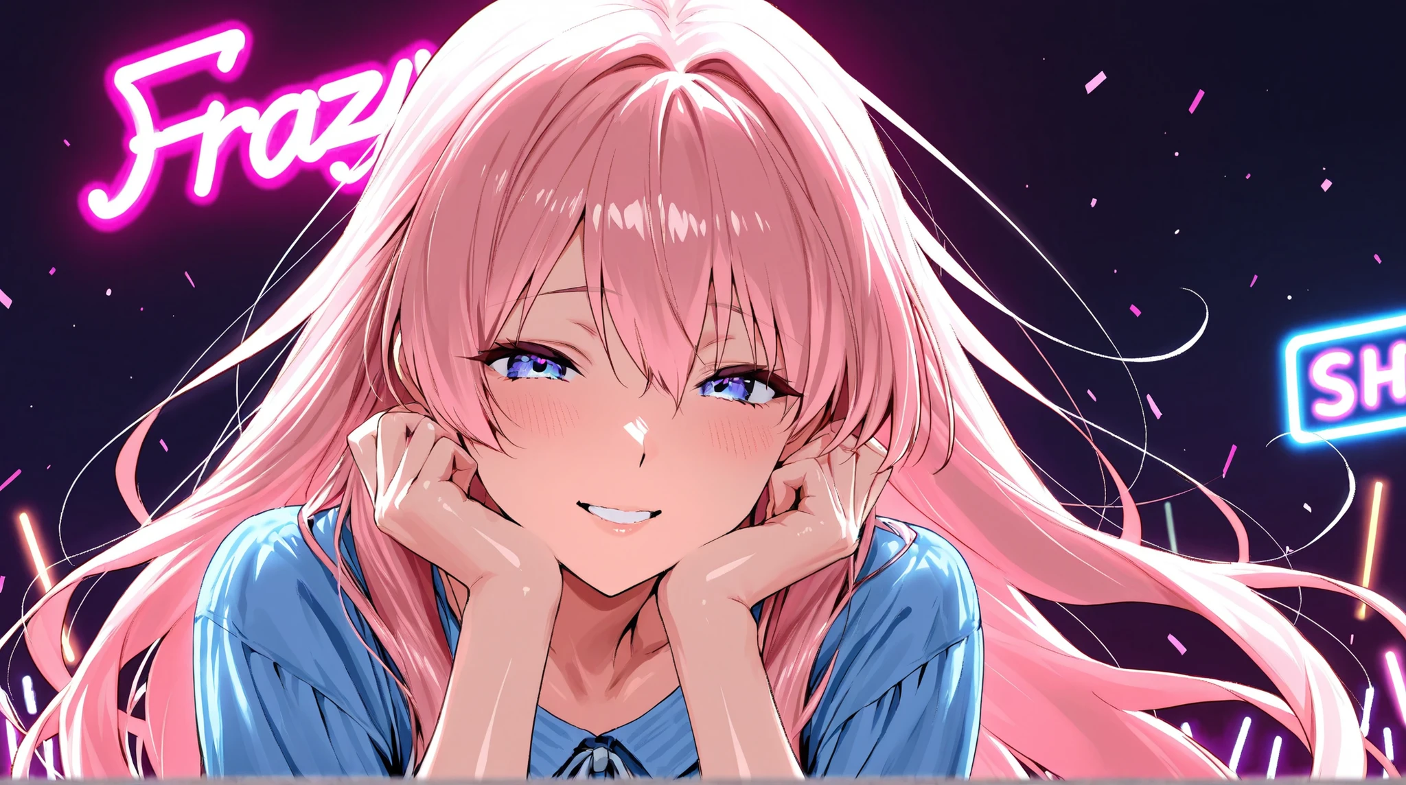8K (high resolution) (Super Detail) (masterpiece) (Highest Quality) anime illustration detailed eyes detailed face detailed hands Delicate hair detailed wrinkles on clothes very elaborate body fine skin healthy skin tone with ro in the background solo girl casual fashion happy expression (stage) FANTASY EXPLOSIONS NEON LIGHTS AND FRAZY (FANCY — MUSIC FESTIVAL) Climax