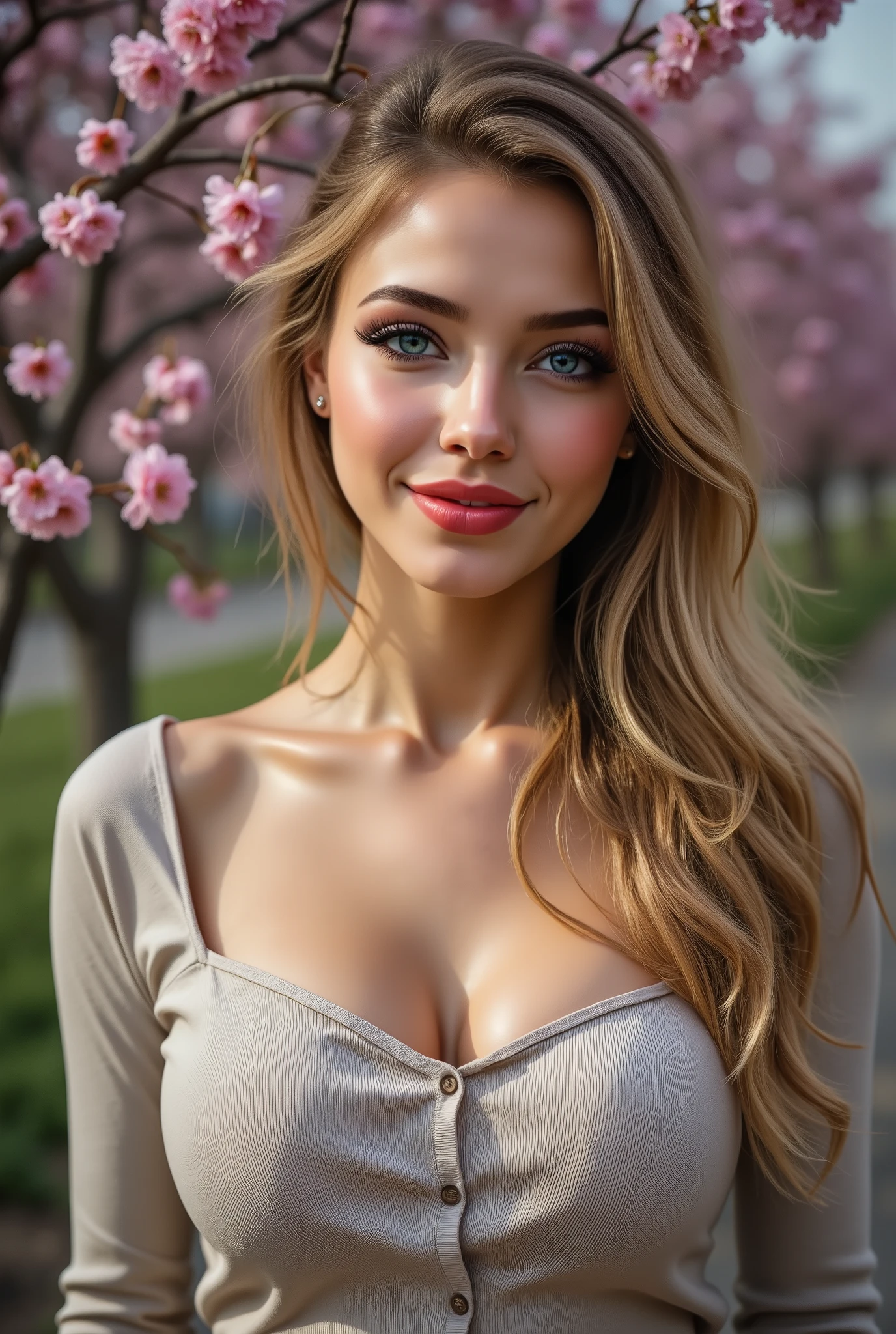 Realistic (photorealistic Realism), (high resolution), ((intricately detailed digital art)), professional photography, ((portrait)) a cute 1 Female, European, (ultra realistic texture details: velvety skin, hair.), ((sharp focus, not blurry, high resolution, absurd quality, Realistic brown_eyes:1.32)), ((extremely fine details eyes)), ((extra narrow eyebrows)), Carefully draw Long blue_eyelashes:1.2, (perfect round eyes:1.2), (finely detailed pupils, (extremely fine details pupils:1.3)), ((extremely fine details of iris:1.3)), ((Shining, mesmerizing, Vibrant eyes:1.3)), (professional makeup:1.3), (perfect dark_eyeshadows:1.3), detailed lips:1.3, (apply glossy red_lipstick:1.25), (pink_makeup:1.25), (beautiful little nose), perfect proportions, anatomically correct, perfect female body, (firm and full breasts:1.2), (Super beautiful), (vivid and colorful), The attention to detail, focus of girl, dynamic pose, sexy and seductive, flirty smile, dslr, high quality split lighting, sharp focus captured by Fujifilm XT3, f 5.6, in a dramatic lighting. (perfect composition), (outside,an orchard of blooming cherry trees), ((random u%u top:1.35)), exquisite balance of shadows, look at the viewer,