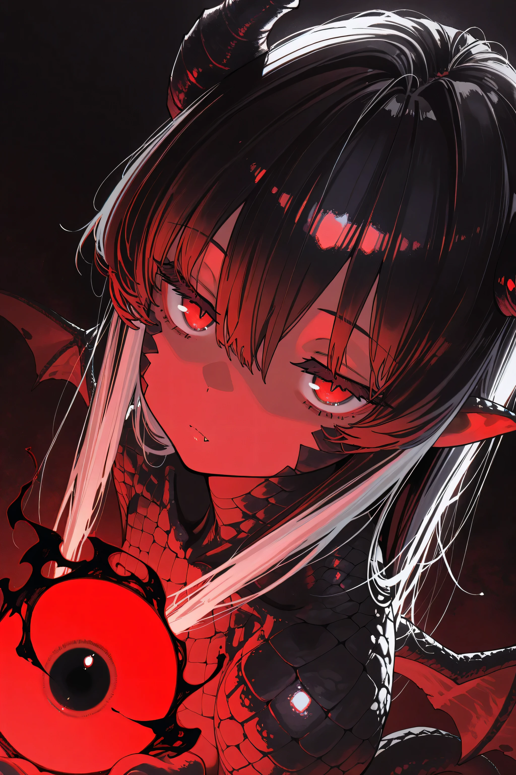 kmj-anonstyle, [artist:yoneyama mai], [artist:kanzarin], [artist: ekrea_jan], masterpiece,best quality,amazing quality, 748cmstyle, solo, eye focus, masterpiece, best quality, dramatic lighting, refraction, rim lights, backlighting, bloom, dark, shaded, black background, abstract background, BREAK john kafka, dino \(dinoartforame\), shiokonbu, ayagi daifuku, (betabeet, lam \(ramdayo\),torisan:0.25), red theme, white highlights, BREAK 1girl, dragon girl, monster girl, black scales, [black horns | demon horns], [dragon wings | mini wings], dragon tail, red eyes, pointy ears, black hair, (purple hair, red hair:0.25), long hair, messy hair, hair between eyes, fanged bangs, jitome, doyagao,, magic, black fire, upper body, from side, perspective, dutch angle, looking at viewer, close-up, face focus,