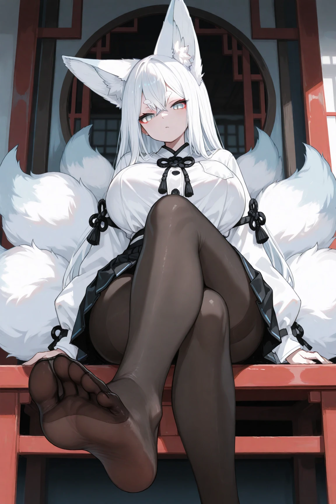 Loona from Helluva Boss, female white wolf, anthro, white hair, grey eyes, adult, tall female, white shirt with tie, black skirt with black pantyhose, inside a train, subway, standing, sadistic smile, detailed, solo, beautiful, high quality, 4K