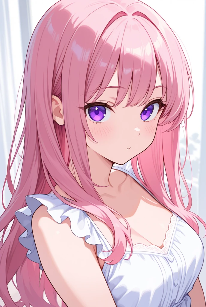 ((highest quality)), ((masterpiece)), (detailed), Perfect Face、girl、blue eyes、Pink Hair、cute、she、I like you、family、Mom、Breastfeeding、milk、Naked Apron、Upper Body