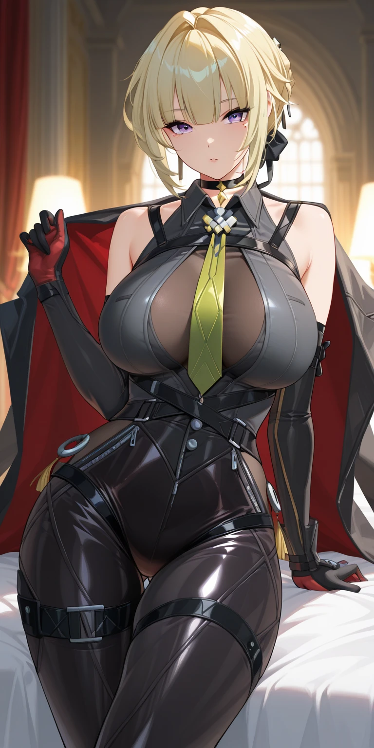 Annerose, 1girl, female mature, black hair, long hair, yellow eyes, large breasts, skin tight, hair intakes, (exquisite character details, beautiful lips, beautiful yellow eyes, beautiful face, beautiful and properly clothed), extremely detail unity 8k wallpaper, (solo:1.5), extremely detail background, stand on the edge of high mountain with day sky view, (bodysuit, fully suited, closed clothes)
