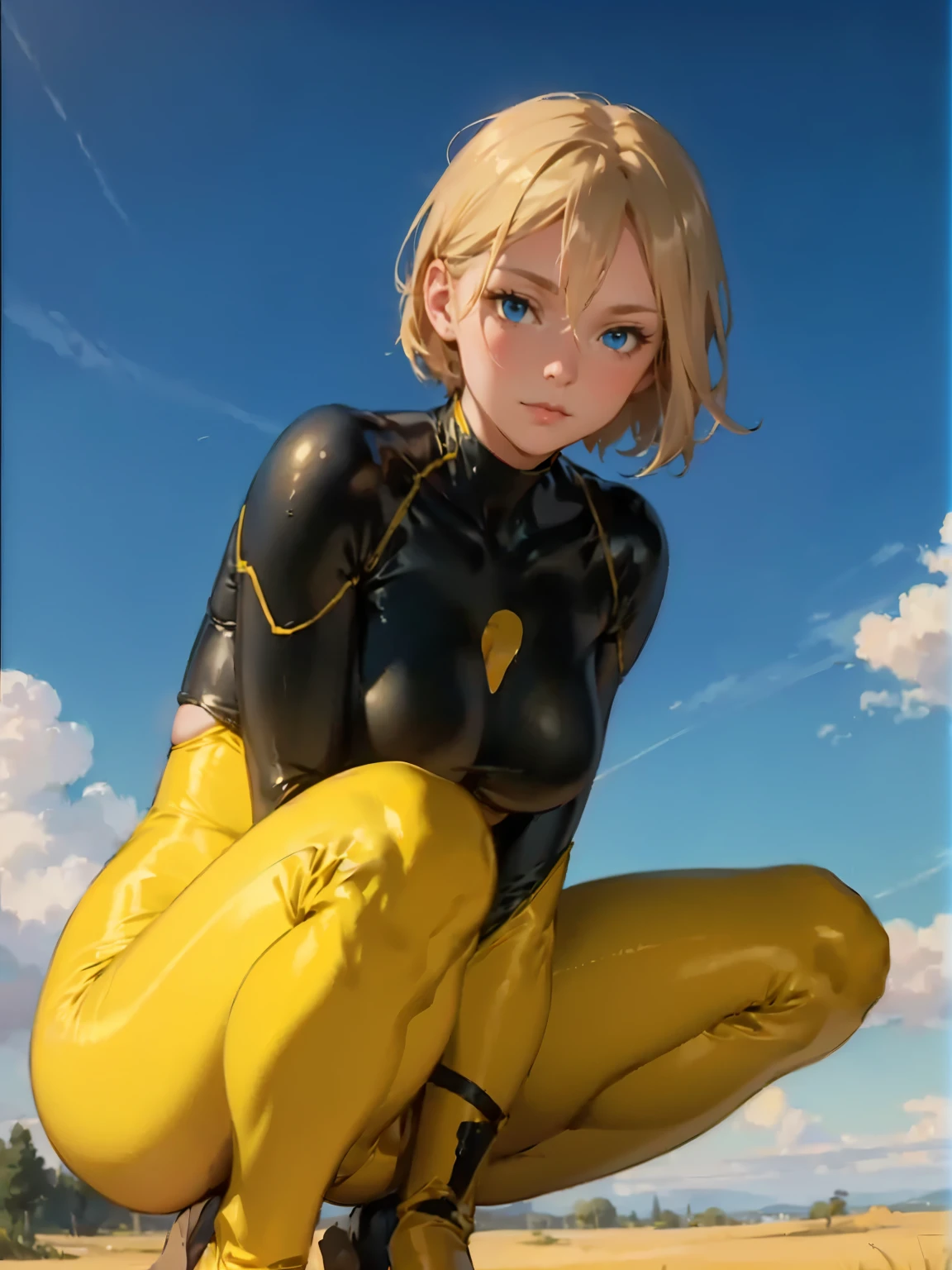 Woman in a futuristic suit, Highly detailed face,(short hair,Lower ponytail:1.2),,,(Svelte Body:1.2),, (Medium Breasts:1.5), (Erect nipples:1.3),(cameltoe:1.3),,,,,,, Mature Face, blush,,(Mature Woman), Cyber Suit, Anime girl in tight suit, Milfication, Elegant body, Wide ass:1.2 , nude, gloves, Earrings, SF, Female protagonist, ,(She stands with her legs apart,,Hands on Hips,,model posing:1.3),, Volumetric Light, Detailed lighting, Detailed Texture,, masterpiece, Top quality eyes, sci-fi background, Futuristic landscape, (((Yellow bodysuit))),,,,,,,,(from above:1.3)