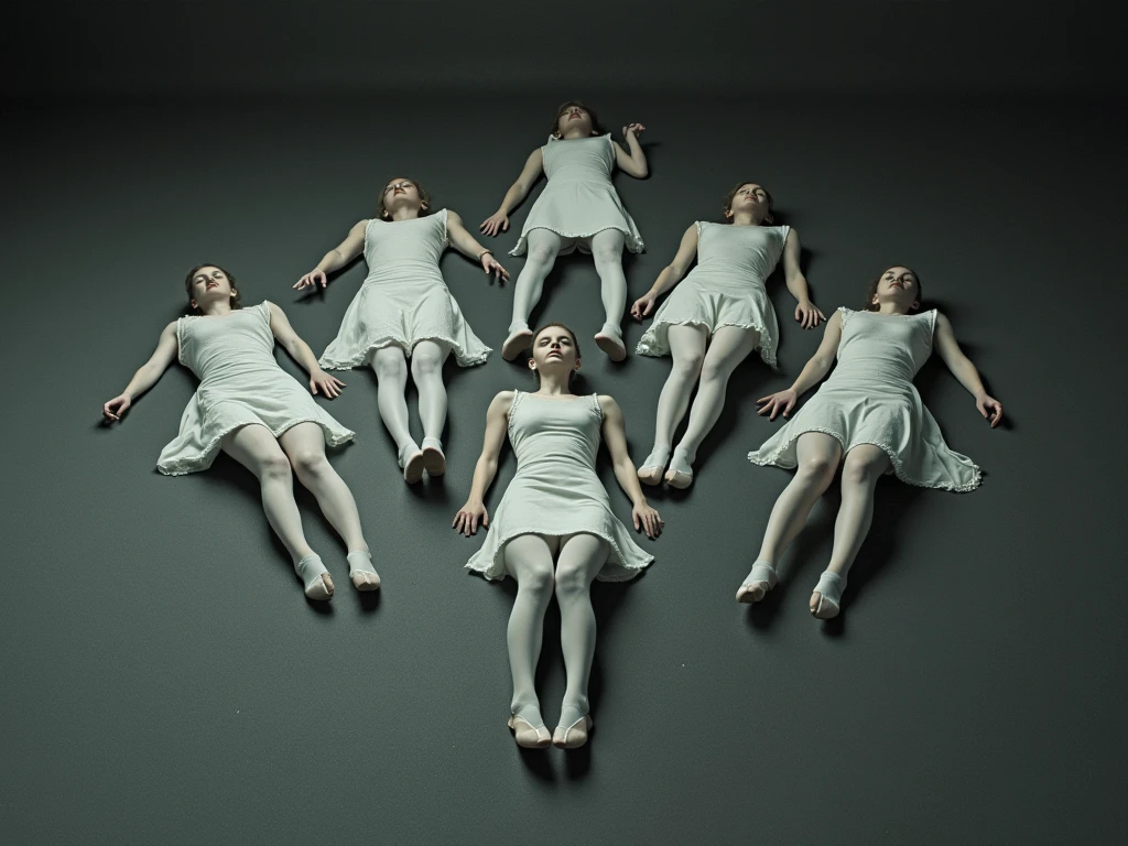 Four bodies lying on the ground in a terrifying state, women and men.