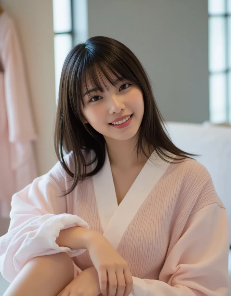 (8k, RAW photo, best quality, masterpiece:1.2), (realistic, photo-realistic:1.4), (extremely detailed 8k wallpaper), Japanese 20 age woman,She is wearing a housecoat,The background is a childhood friend's house,She is relaxing at home.She is wearing a skirt,Her face looks like she's smiling and having fun