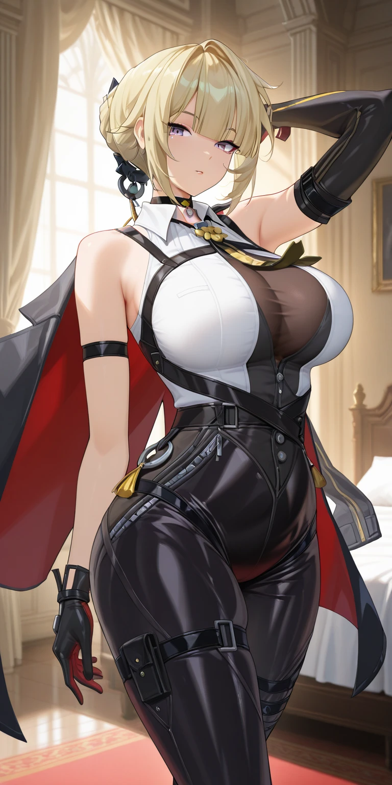 masterpiece, best quality, very aesthetic, absurdres, 1girl, mature_lady, ,mercy(overwatch),1girl, mechanical_halo, mechanical_wings, halo, headgear, blonde_hair, ponytail,,asymmetrical_legwear, belt, arm_belt, black_jacket, black_shorts, boots, collared_shirt, gloves, high-waist_shorts, jacket, knee_boots, multiple_belts, open_clothes, open_jacket, pantyhose, pantyhose_under_shorts, purple_gloves, purple_pantyhose, shirt, short_shorts, shorts,in a banquet,floating_clothes,covered_nipples