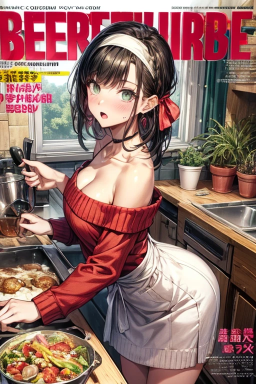 masterpiece, yor, 1girl, Amazing Cleavage:1.3, thin waist, big ass, Raised sexy, medium breast: 1.8 posed cleavage:1.2、solo, looking at viewer, open mouth, have a cup of coffee,black hair, red eyes, dress, bare shoulders, jewelry, collarbone, sidelocks, hairband, earrings, indoors, off shoulder, :o, sweater, arms behind back, plant, short hair with long locks, white hairband, off-shoulder dress, sweater dress, off-shoulder sweater, red sweater, big side hair, very long side hair,is rendered in (masterpiece: 1.2, best quality), with (ultra high resolution) and an exquisite (depth of field). This masterpiece is not only visually stunning but also tells, make of cake cooking ,in the kitchen