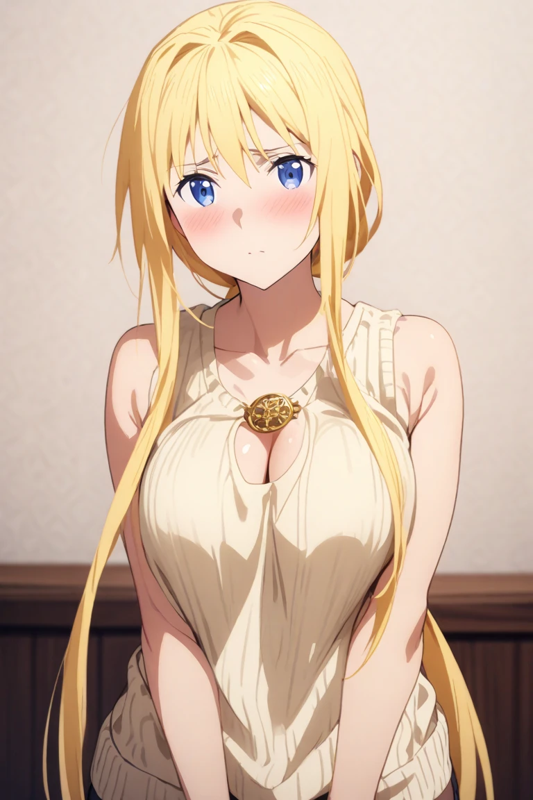 elisha, anime, 1girl, solo, long_hair, breasts, smile, blonde_hair, hair_ornament, dress, bow, cleavage, hair_between_eyes, bare_shoulders, jewelry, medium_breasts, closed_eyes, upper_body, flower, hair_flower, necklace, pearl_necklace, anime_coloring