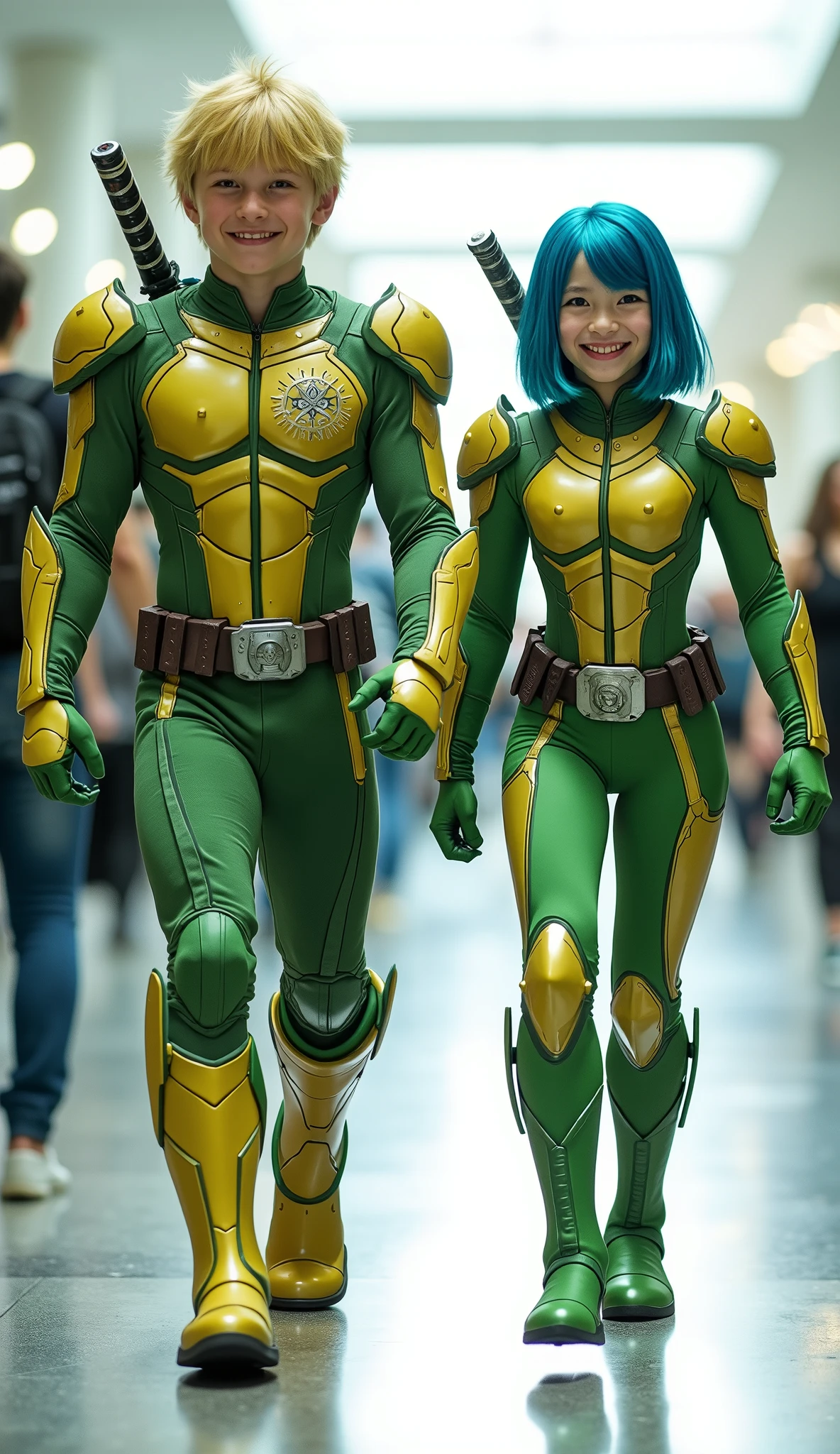 character: 1 boy yellow hair Wearing futuristic light green hulk suit with gold silver armor futuristic white accents, and 1 girl short straight blue hair bangs Wearing futuristic light green hulk body suit with gold silver armor futuristic white accents . They Looks Europe face.
action: Walk straight and look straight ahead.
Expression : smiling.
Accessories: two katana swords on their backs.
Background : A bright indoor public space , with people vaguely seen in the distance, shows that this picture was taken at a fun event or get-together, maybe a convention or costume . They radiate happiness as they walk confidently in their superhero costumes. Show the whole body.