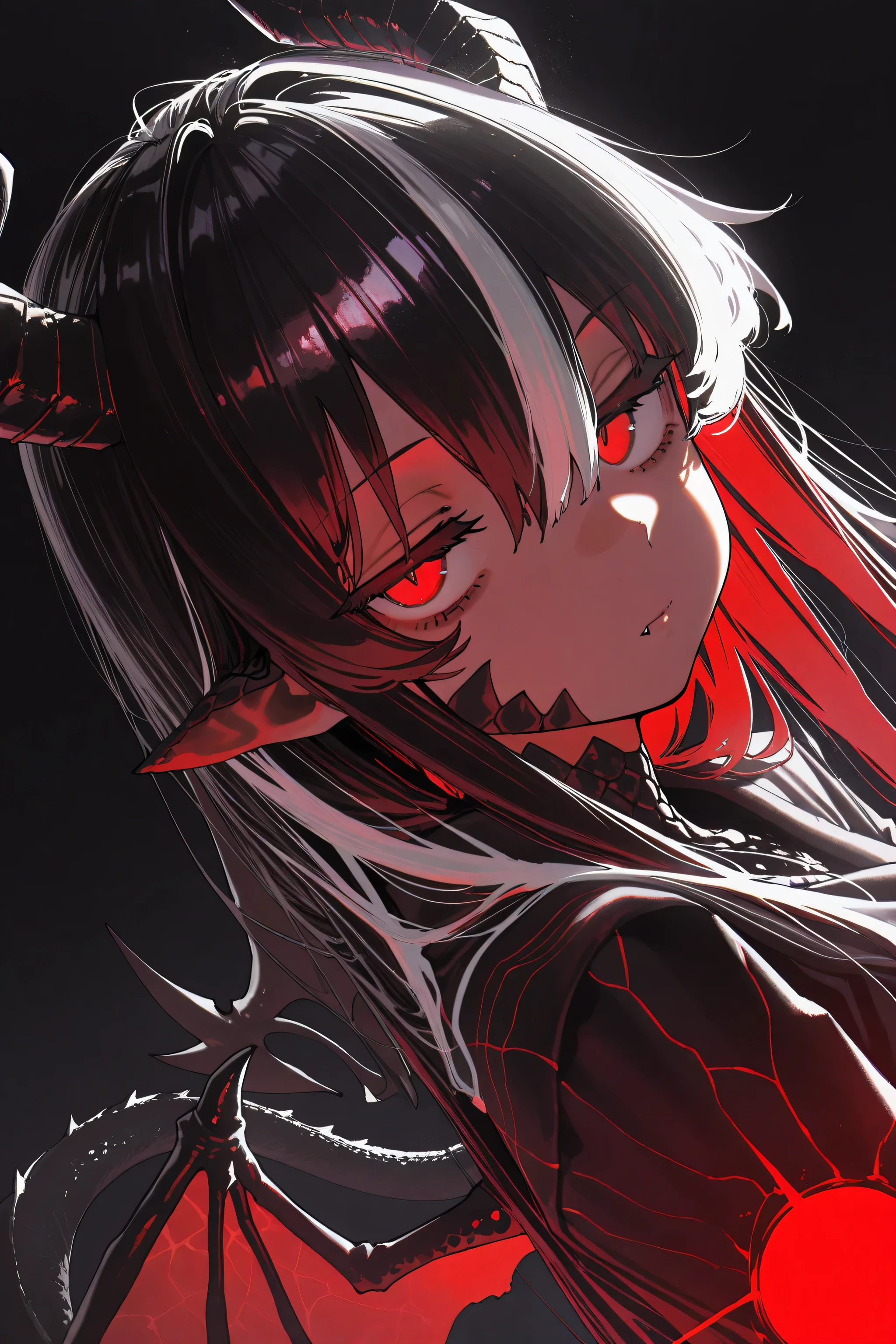 kmj-anonstyle, [artist:yoneyama mai], [artist:kanzarin], [artist: ekrea_jan], masterpiece,best quality,amazing quality, 748cmstyle, solo, eye focus, masterpiece, best quality, dramatic lighting, refraction, rim lights, backlighting, bloom, dark, shaded, black background, abstract background, BREAK john kafka, dino \(dinoartforame\), shiokonbu, ayagi daifuku, (betabeet, lam \(ramdayo\),torisan:0.25), red theme, white highlights, BREAK 1girl, dragon girl, monster girl, black scales, [black horns | demon horns], [dragon wings | mini wings], dragon tail, red eyes, pointy ears, black hair, (purple hair, red hair:0.25), long hair, messy hair, hair between eyes, fanged bangs, jitome, doyagao,, magic, black fire, upper body, from side, perspective, dutch angle, looking at viewer, close-up, face focus,