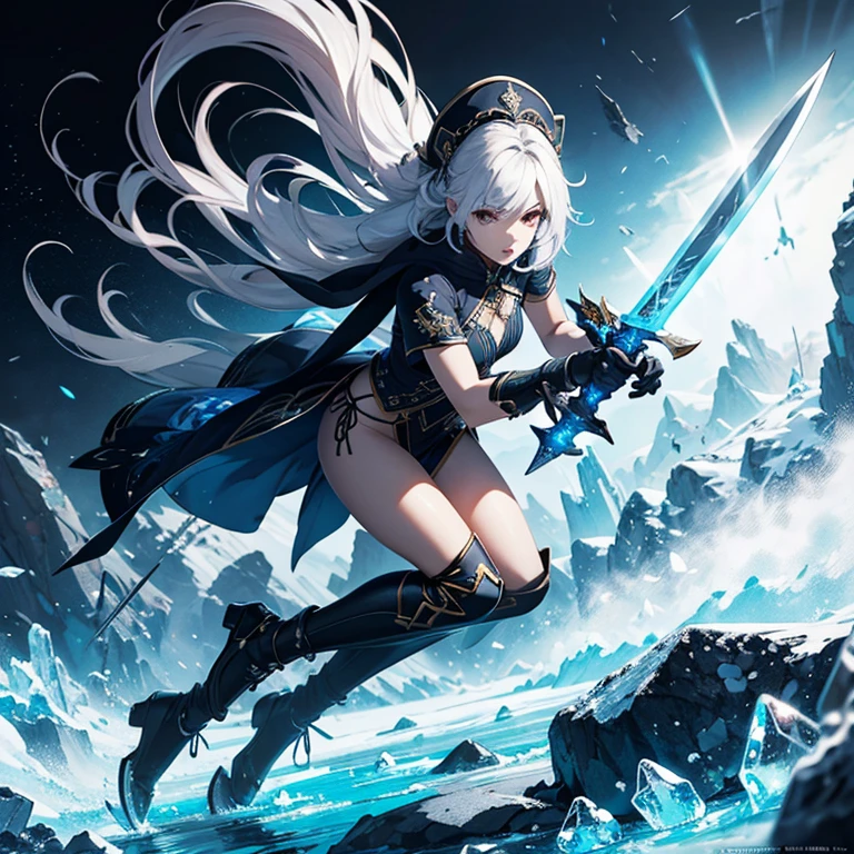 Professor Elowen Mistralight, a 25-year-old elf woman, medium height and delicate elf with silver hair, mysterious and penetrating light blue eyes, He wears a robe with patterns of wind and water, tight light blue fabric pants, long, with navy blue riding boots, the boots reach the knee, a magic wand and castle background, anime style. Individual image of her in full body. He is in action pose. Has one leg raised with the knee bent, His mouth is slightly open as if he had exercised a lot.. He has light skin. She has her hair down and blowing in the wind.. feminine and sexy body.