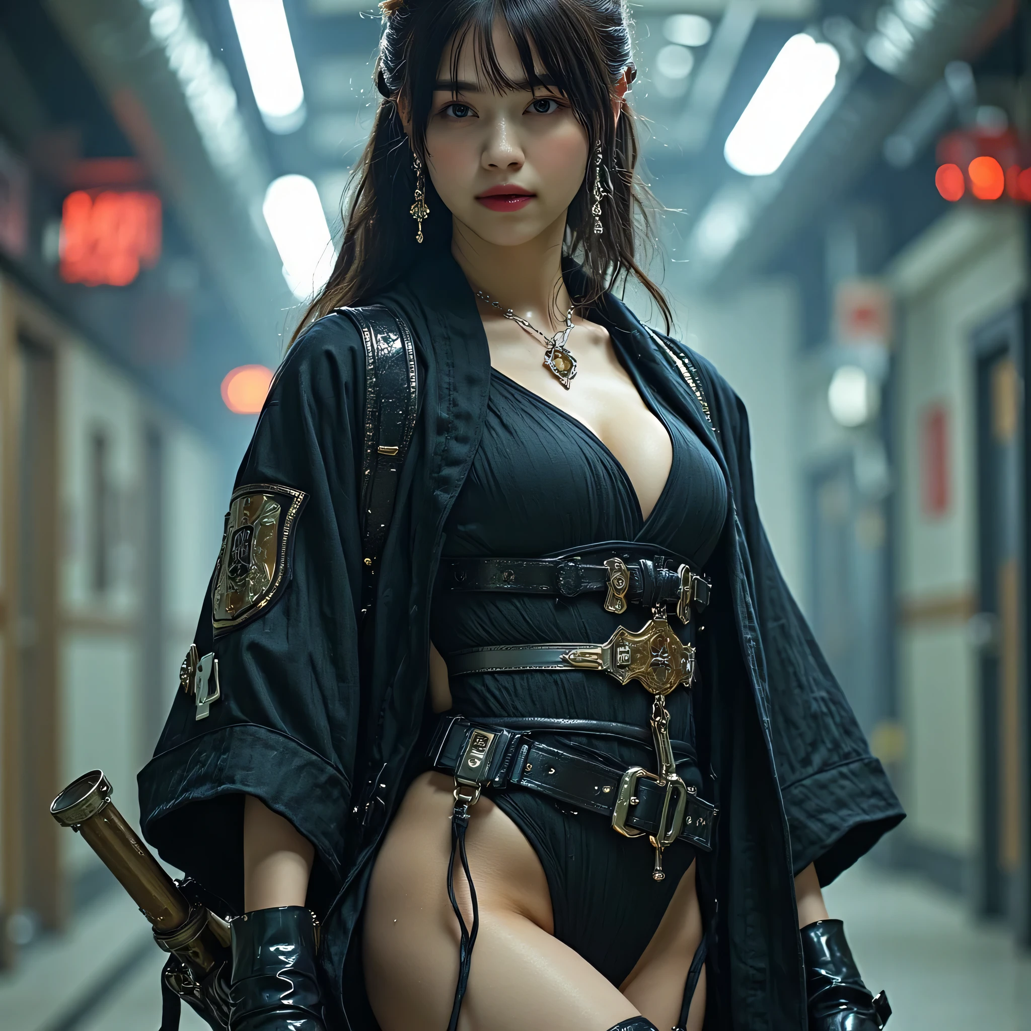 (((Inside an Edo-style spaceship:2.0))),(((HR Gigger-style cyberpunk atmosphere:2.0))),((Play the black guitar of the future:2.0)),standing,((full body:2.0)),One Woman,(cute face),(Beautiful well-balanced face ),((long hair with bangs:2.0)),(wavy black hair:1.5),(beautiful eyes on my stomach:1.3),glamorous shot of a 20-year-old Japanese woman,Beautiful slender body,((model body type:2.0)),((slim body:1.7)),perfect body line,ideal proportions,((big breasts:2.0)),((スリーサイズ90-58-86:3.0)),((F cup breasts:1.5)),Big Breasts,Bare thighs,Sensual Thighs,delicate body,(muscular:1.7),harmonious posture,((Realistic breast depiction :1.7)),carefully depicts limbs based on perfect anatomy,((futuristic samurai style black super high-leg leotard:2.0)),((super high-leg leotard made of corduroy that fits the body:2.0)),((military coat style black kimono with the front open over a leotard:2.0)),(Night vision goggle-style eyepatch:2.0),((Tactical Holster:1.5)),(gloves:1.3),((((Coarse mesh fishnet stockings:2.0)))),Concept Art,(Highest Quality:1.5),(masterpiece:1.5),(超高resolution),resolution,UHD,(delicate depiction),carefully drawn,32k,((Realistic Skin Texture:1.5)),(((Ultra Realistic:1.5))),carefully draw eyelashes,very detailed face,Highly detailed female hand, Sexy appearance ,Extremely Sensual,(Blurry Dim Backgrounds :1.5),professional photography,(movie lights:2.0),((Blade Runner style lighting:2.0))
