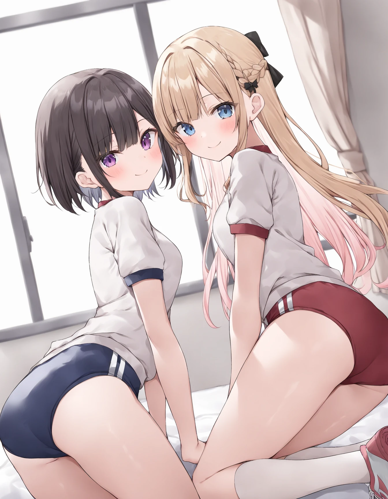 2girls, nishikigi chisato, inoue takina, lycoris recoil, (couple:1.2), from behind, symmetry, on all fours, pushing back and forth, perfect anatomy, big ass, (fullback buruma, navyblue buruma, gym uniform, white t-shirts:1.3), huge breasts, thighhighs, looking at viewer, shy, blush, bed, masterpiece, best quality, very aesthetic, absurdres, official art, anime, nsfw,