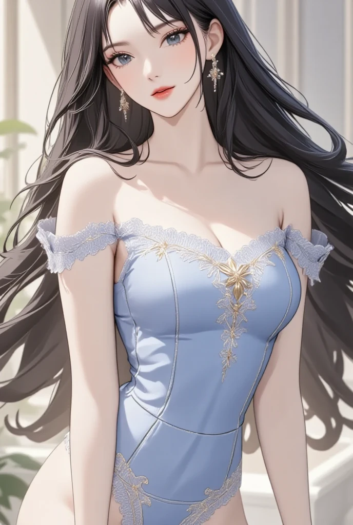 ((Watercolor painting by Singer Sargent))、(最high quality、masterpiece)、beautiful woman portrait, at the palace, soft smile portrait, Subtle features, intricate details, Calm composition, tension, Low contrast, texture, realism, high qualityのレンダリング, amazing art, high quality, be familiar with skin, ((long slightly wavy dark brown hair)), ((brown eyes)), ((18-year-old)), ((Bangs)), ((Dark blue gown)), ((royal look)), mature woman, whole body, be familiar with