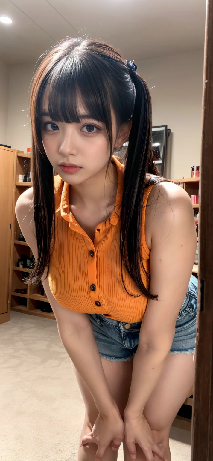 1fille, Twintails, peau blanche,cheveux noir, ornement de cheveux, hair over one eye, yeux bleus clair, cheveux bleus, sourire, arc, seulement, dedans, Makeup, pleated  skirt, cheveux longs, frange, ongle bleu, ouvrir bouche avec langues,Decolte gros seins,La plus belle forme de chaos, elegant, a brutalist designed, couleurs vives, romantisme, atmospheric, (Photo brute, Best quality), (Realstic, photo-realistic:1.3), Masterpiece, an extremely delicate and beautiful, Extremely detailed, assis
