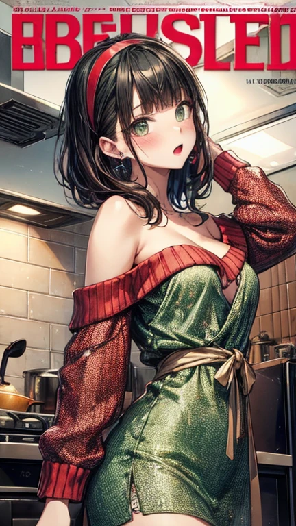(from above:1.0),(from side:0.9),masterpiece, 1girl, Amazing Cleavage:1.1, thin waist, big ass, Raised sexy, small breast: 1.3, posed cleavage:1.2、solo, looking at viewer, open mouth, have a cute grass of cute beergrass,black hair, dark green eyes, dress, bare shoulders, jewelry, collarbone, sidelocks, hairband, earrings, indoors, off shoulder, :o, sweater, arms behind back, plant, short hair with long locks, gild hairband, off-shoulder dress, sweater dress, off-shoulder sweater, red sweater, dark gord hair, big side hair, very long side hair,is rendered in (masterpiece: 1.2, best quality), with (ultra high resolution) and an exquisite (depth of field). This masterpiece is not only visually stunning but also tells,A scene of cooking in the kitchen by classroom

