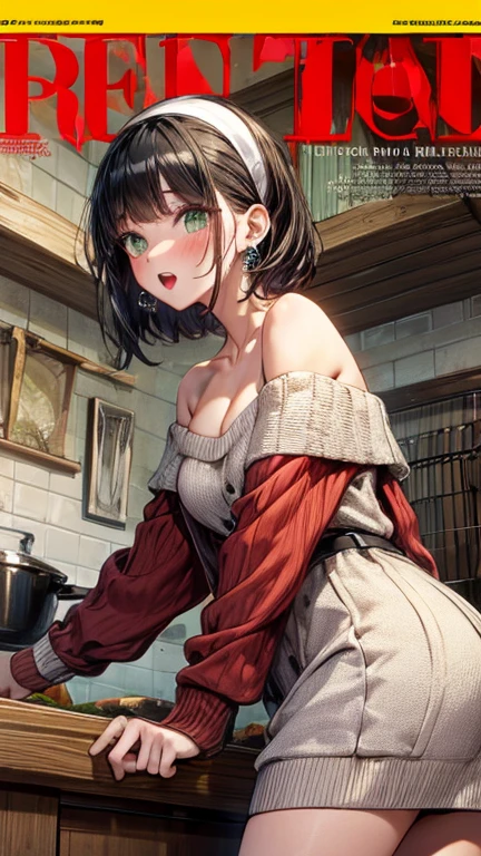  (Firm breasts:1.1)，masterpiece, 18-year-old girl, Great cleavage:1.1, Tight waist, Big Ass, Small breasts: 1.3, ポーズをandった胸の谷間:1.2, Open your mouth, ,Black Hair, Dark green eyes, , jewelry, clavicle, Earrings, indoor, , short hair and long locks,  , Off-the-shoulder sweater, Red sweater, Dark and gorgeous hair, (masterpiece: 1.2, Highest quality), and (Ultra-high resolution) 、Cooking in the kitchen,View your audience,
