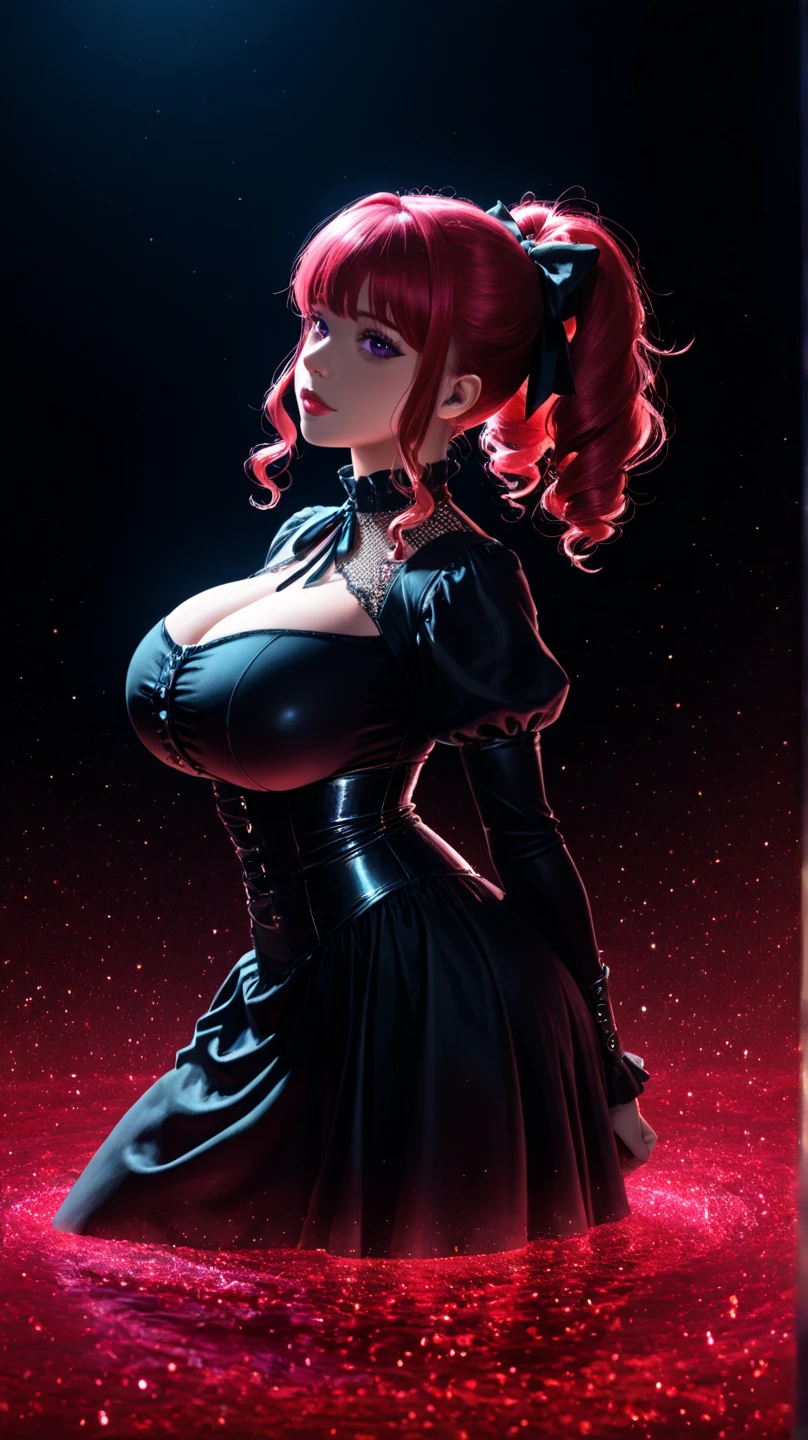 Futuristic house background, realistic, 1girl witch in the house of 18 anise holding 2 revolver, red hair, purple eyes, bright eyes, cropped top, robotic elements skirt, half-open lips, breasts +++, blush, night, flowers, sun, sunlight, futuristic background++