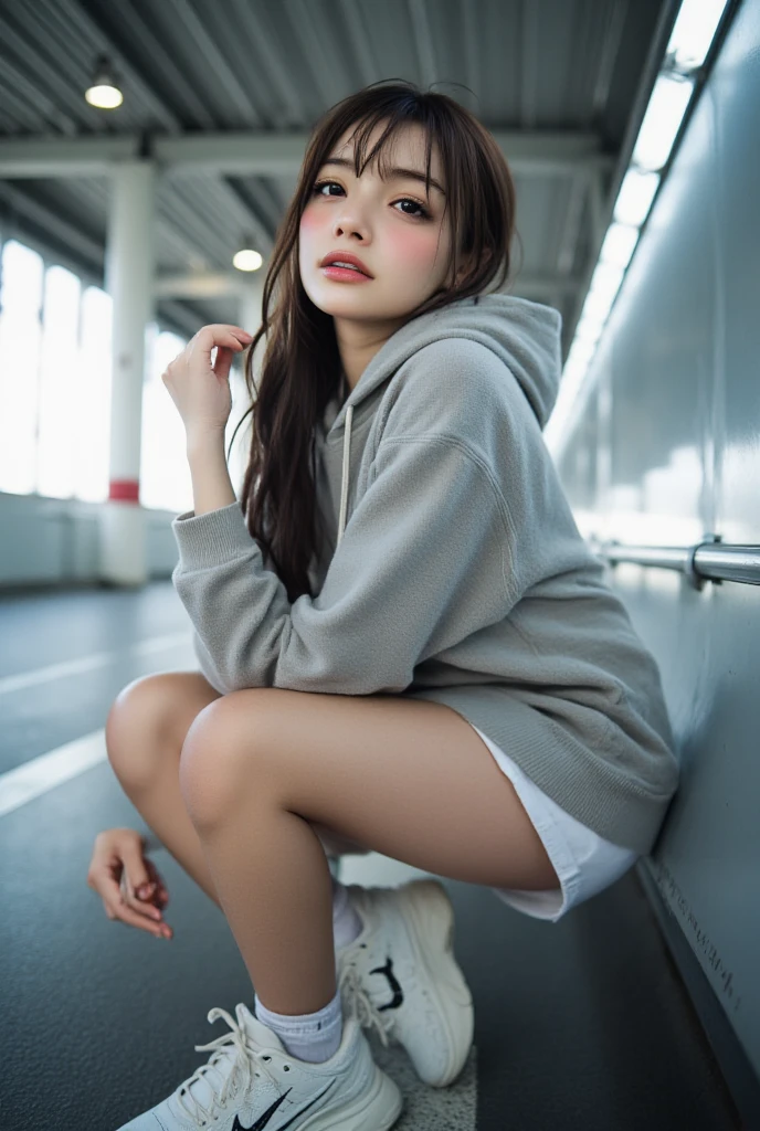 The scenery is a street lined with clothes stores. Meanwhile, a young girl is squatting. She wears a large white hooded sweatshirt dress (mini length). Large breasts. Wearing white lace underwear. I wear black high-tech sneakers on my feet. Her hair is curly bob cut with thick bangs and aligned. The girl is looking around with a curious expression and seems to be preparing for a new adventure. With details that are exquisitely reproduced down to the smallest detail, please express her expression and even the texture of the fabric of the clothes. In the highest quality, draw a full-length picture of her as a fashionable, fashion snap model.