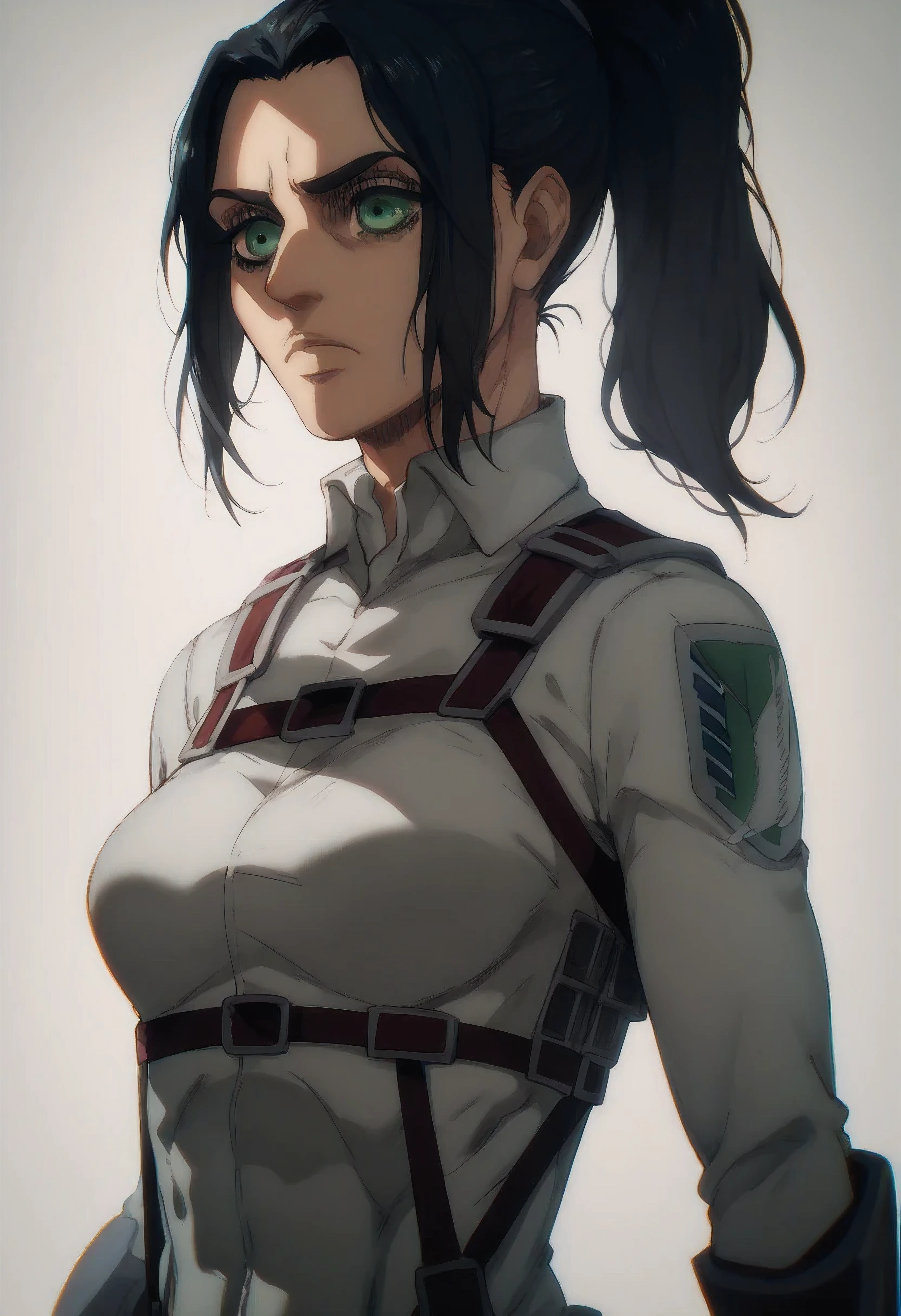 A girl character from attack on titans, long black hair, wavy ponytail, green eyes, gorgeous face. Soldier clothes, kind