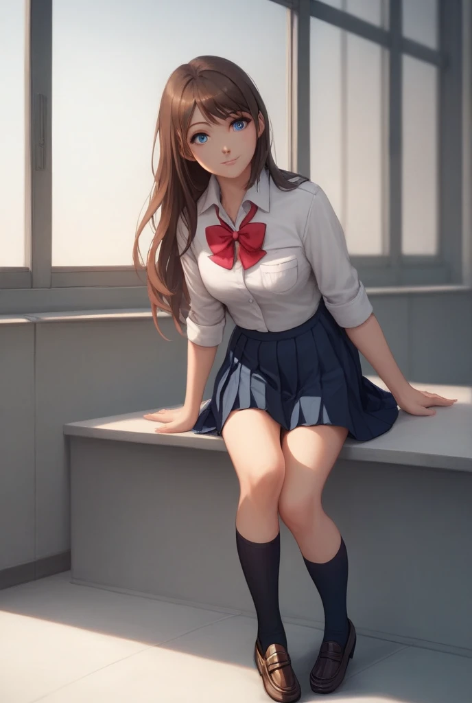 Brown-haired schoolgirl、Green skirt、light blue cardigan、Semi-long hair、Blue headphones、Black pantyhose、Brown loafers、red blush
