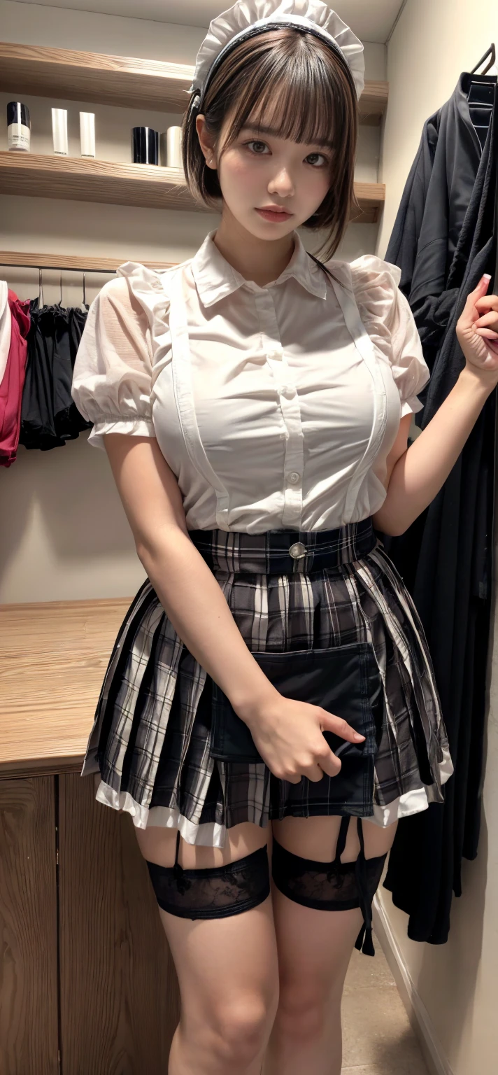 There is a woman in a skirt and a white shirt posing for a selfie with an iPhone in the mirror, thighhighs and skirt, wearing dresses, pale milky white porcelain skin, Wear skirts and suspenders, Sling high black stockings stockings beautiful face with arms and legs, extremely pale, legs visible, leg and thigh shot, wearing white skirt, transparent gray skirts, wearing honey - themed miniskirt, thigh close-up