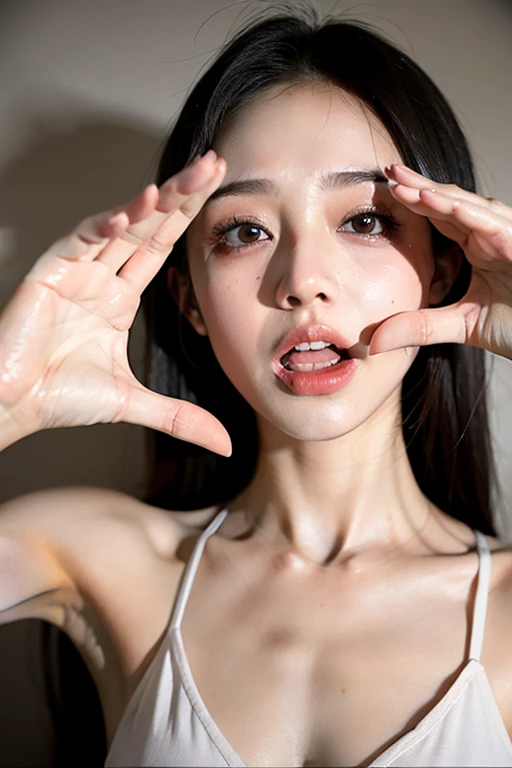 8K quality、High resolution、Realistic skin texture、High resolutionの瞳、Detailed face、Blowjobする女、Brown long hair、、A simple green and black cheongsam made from lightweight fabric.、Dignified face、thin、Model Body Type、Realistic female genitalia、Deep and realistic penis swallowing、Blowjob、deep throat、Semen-covered body、put penis in mouth all the way to the base、A large amount of semen gets on the face