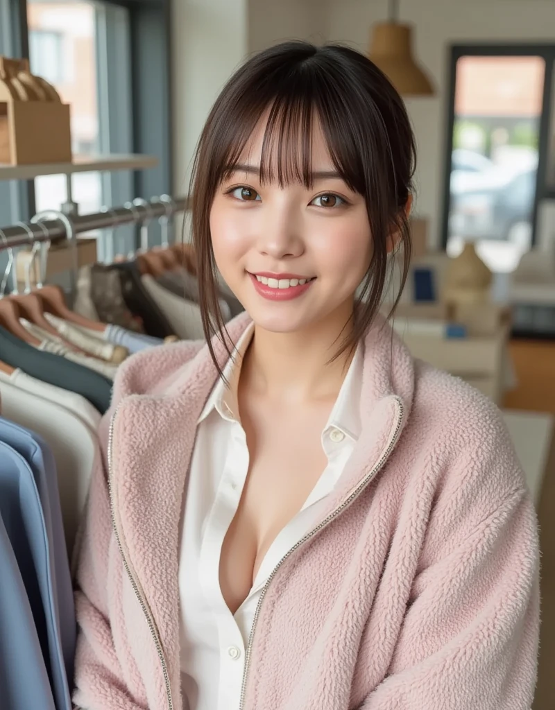 Suit Shop,(The skin is wet from sweat),bent over,Are standing,During service,Inside the store with suits lined up,Cleavage,(Wearing a shirt),smile,Skirt Lift、Lift your skirt with your hands,woman, 20-year-old, Short Hair、bangs、(Plain suit skirt),(White lace panties)、Cute earrings
