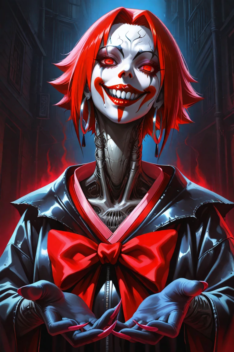a close up of a cartoon character holding a knife, y 2 k cutecore clowncore, cutecore clowncore, yume nikki, epic 3 d abstract emo girl, fanart, [ digital art ]!!, inspired by Ryuzaburo Umehara, goth clown girl, jeff the killer, creepy pose, [[blood]], digital art!!