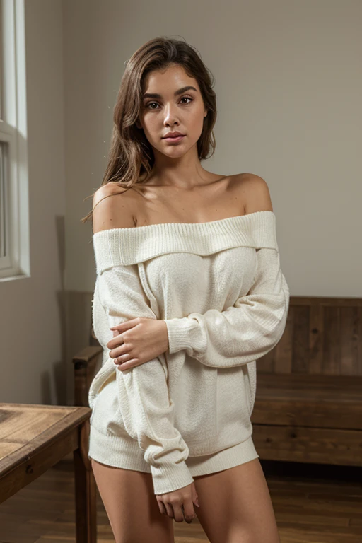 brunette european woman, Large, Schlank und athletisch, portrait, seductive posture, sieht wie ein Modell aus, wearing a fluffy cream colored sweater, trinkt gerade aus einer Tasse Tee,
