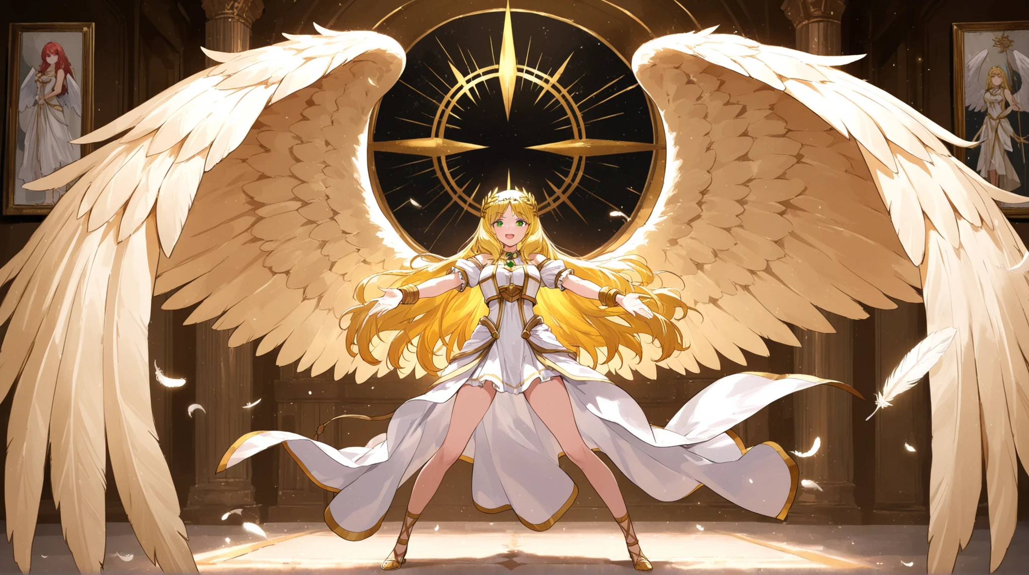 frontal closeup image, Female angel, white angel wings, big chest, white robes, glowing yellow angelic eyes, bright yellow angelic aura, Sariel from nanatsu no taizai, short blonde hair, masterpiece, high quality, 4k, diffuse light, highly detailed, realistic hyper-detail, realistic colour palette, blue sky background