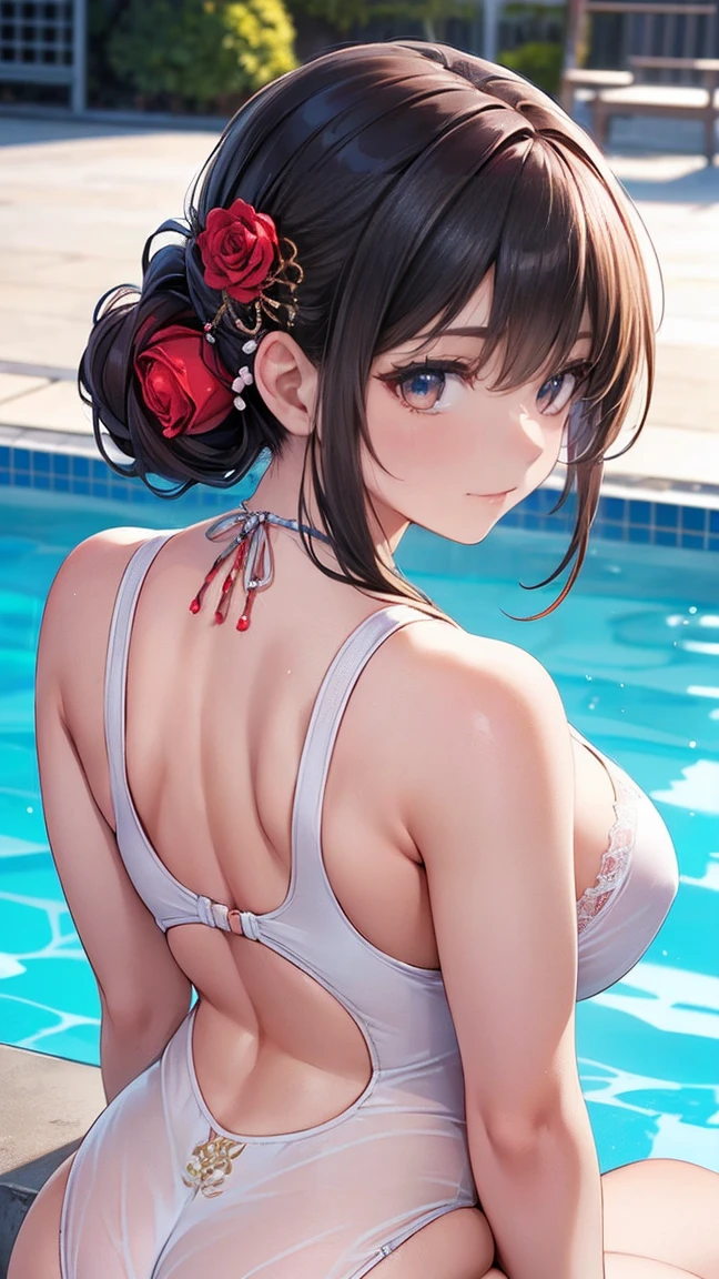 Browsing Caution,​(Highest quality, 8k, masterpiece:1.3,beautiful girl), (Very detailed)Glowing Skin,(((Long Hair,ponytail,Blue Ribbon,Beautiful Hair))),(Perfect Anatomy, Anatomically correct, Very detailed肌),((Golden Eyes,Drooping eyebrows,Narrow eyes)),((Perfect Fingers,Five Fingers)), , Mole under the eye,Double teeth,Big Breasts,Big Ass,high school girl,String Bikini,Waterfront Park,Pool,Water slide、Sit and pose,Captivating look,Angle from behind,Hair tied up