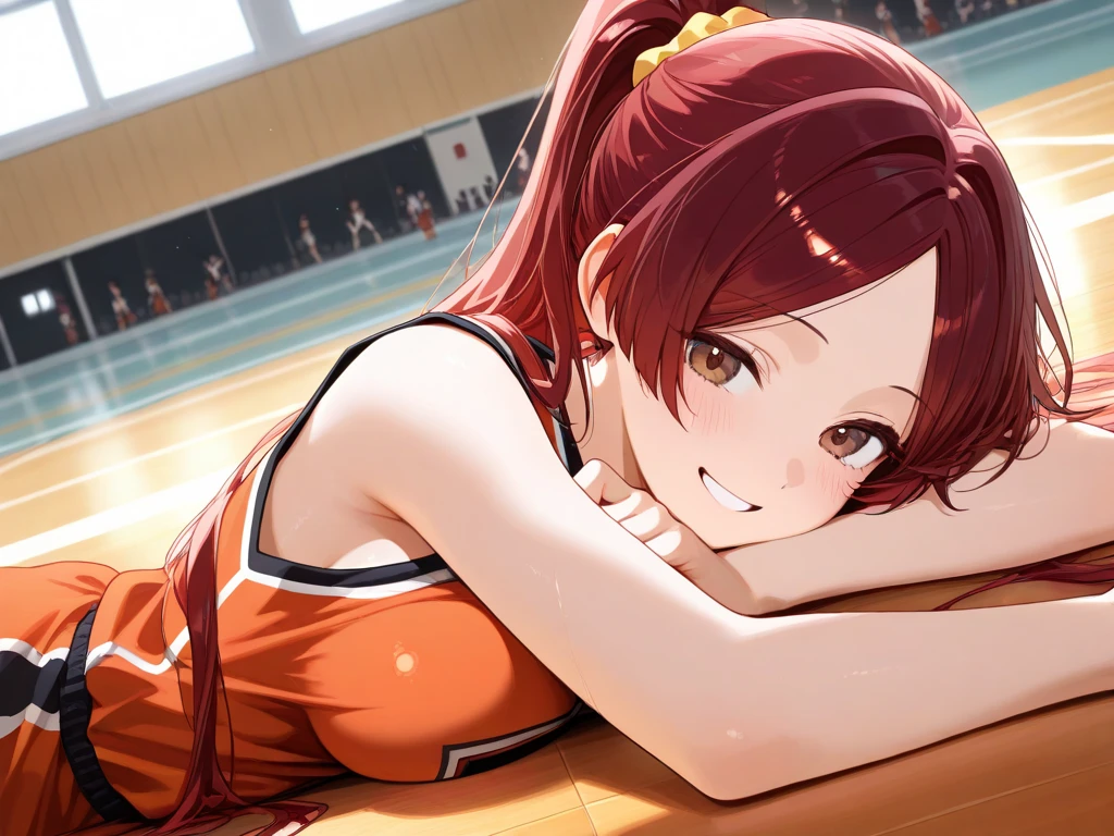 Anime girl lying in gymnasium in orange leotard and headband、photorealistic anime girl render、Realistic and smooth anime CG art of realistic anime、Realistic anime style、Trending on CGSTATION、an anime girl、Cute anime girl rendering、Render Character Art 8K、Character poses naturally、The characters are realistic