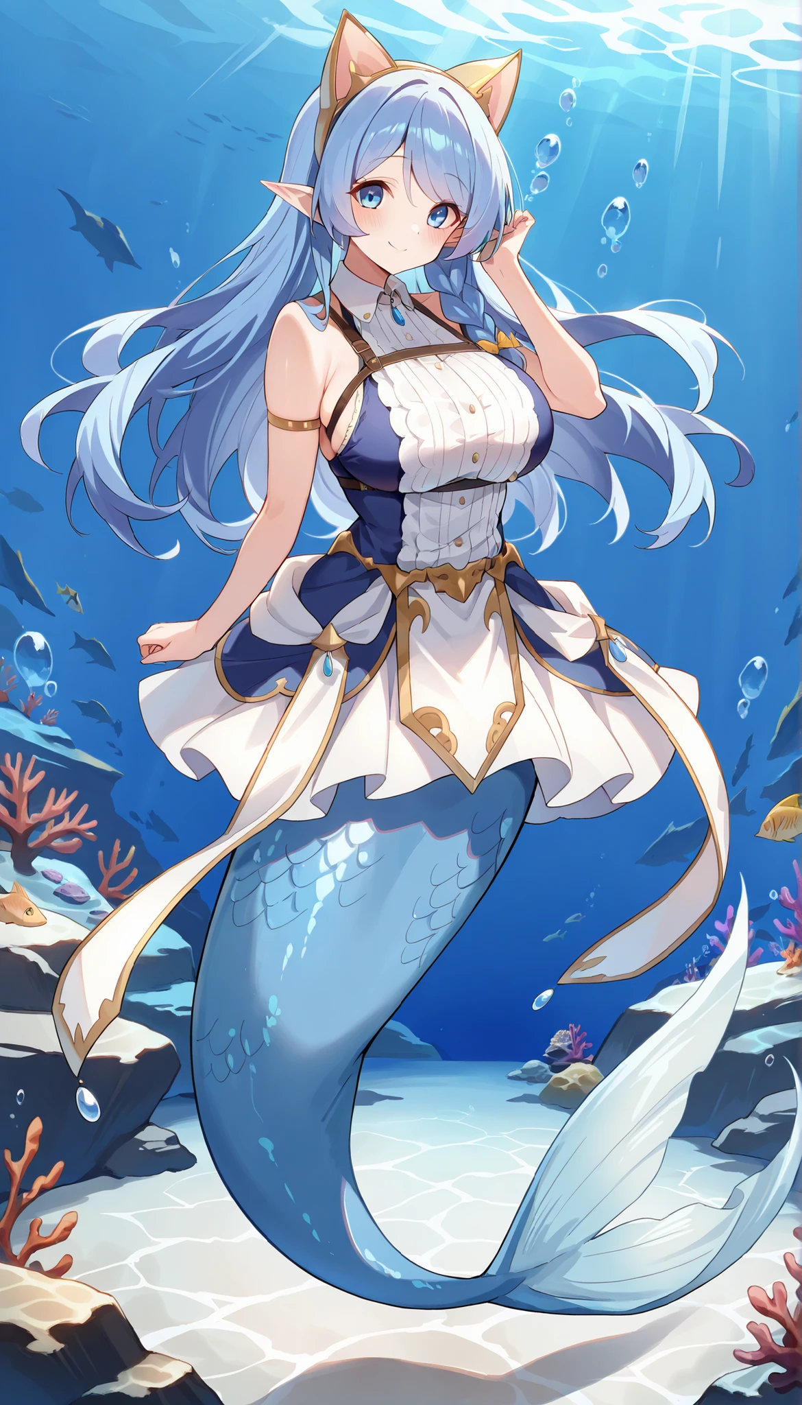 (Fraction_9:0.9),Fraction_8_up,Fraction_7_up,grade_of,实际of,(zPDXL3), (    masterpiece),  (   best quality ),(完整of五根手指),   a girl  ,Water Enchantress of the temple,Long blue hair, Blue Eyes  ,cat ear headdress ,swimsuit,elf ears,独自of,  big breasts  ,Mermaid,淡蓝色ofMermaid尾巴,害羞of,blush,Smile,Full body picture,(Underwater:1.2), No Legs ,Water stains on the body