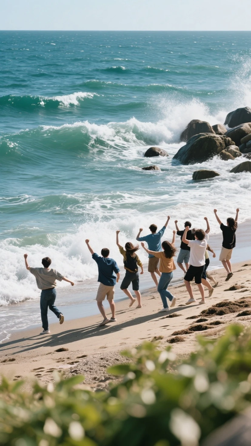 A group of people frolicking on a beach with a beautiful blue sky, waving their hands and forming a circle, (best quality,4k,8k,highres,masterpiece:1.2),ultra-detailed,(realistic,photorealistic,photo-realistic:1.37),detailed people, detailed ocean, detailed sky, dynamic poses, joyful expressions, vibrant colors, warm lighting
