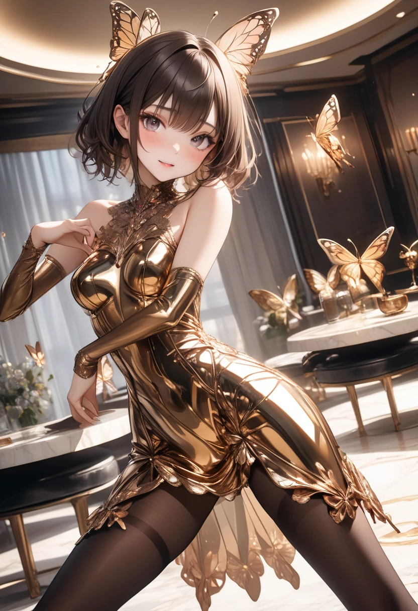 RAW shooting、Realism、Masseter muscle film、a girl、a baby face、very cute、slim and beautiful、((small :1.2))、7Head and body、Well-drawn eyes、charming eyes、double tail、Little giant、Exquisite sequin dress、Champagne gold dress、Chess gangte sleeveless dress with bold opening、Deep V、crystal pearl、((whole body))、Anguished Pose、Luxurious ballroom、dimly lit ballroom、subtitle background
