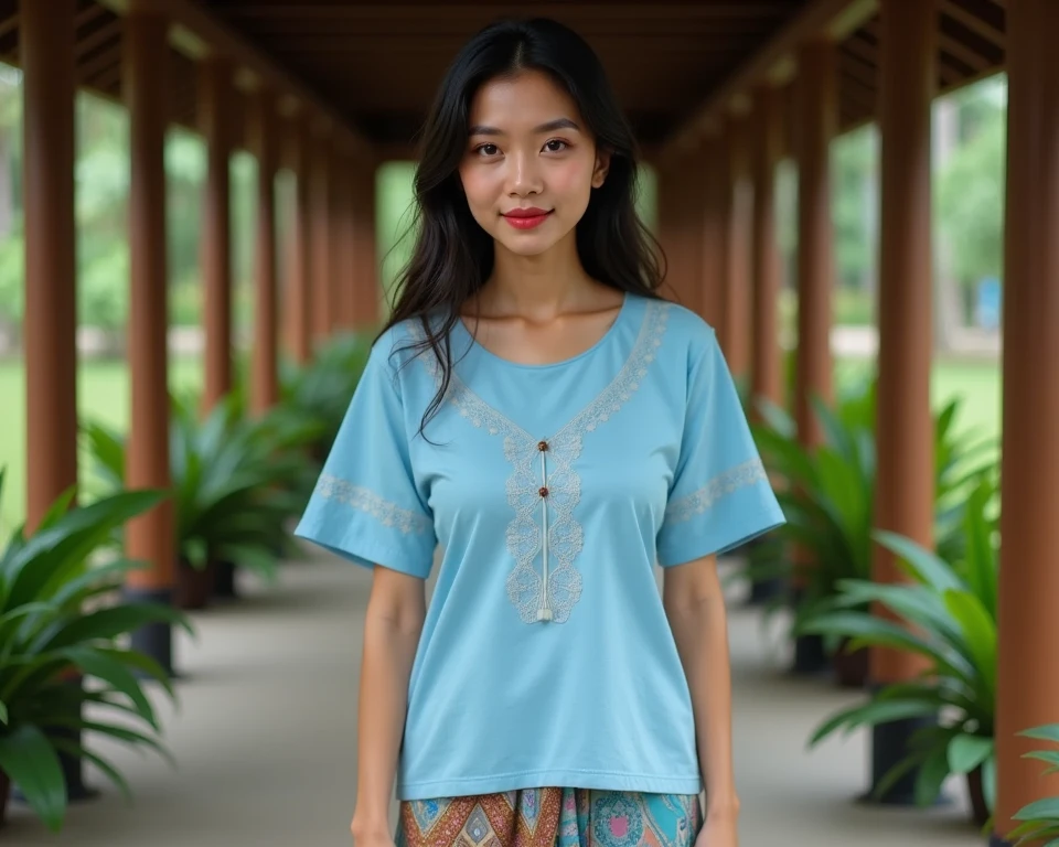 Make me skilled shina wearing Indonesian SMP clothes 