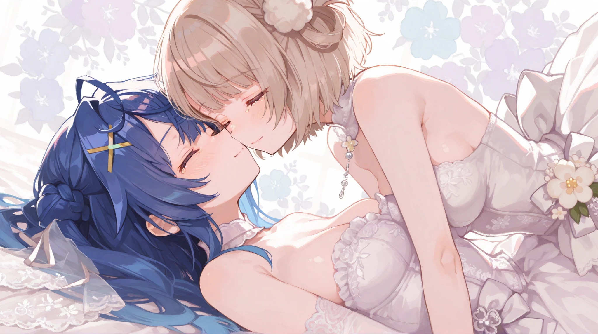 score_9, score_8_up, score_7_up, 1boy, upright straddle, straddling, girl on top, sitting, both hands on both another's shoulders, ayaka from genshin, aether from genshin impact, detailed background, flowers, window, happy, perfect anatomy, pussy juices, lingerie, camisole, nightgown, sheer bra, lace trim, collarbone, Expressiveh