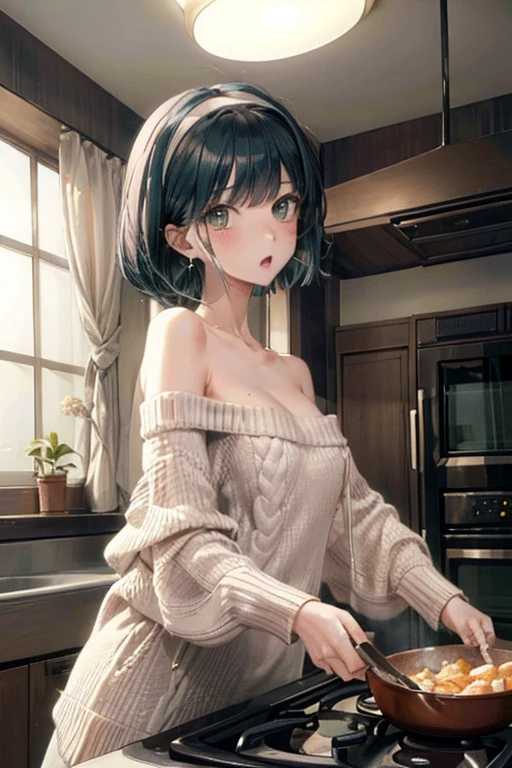 (dynamic angle:1.3, front view:1.1, breast focus:1.3, from below:1.2), (dynamic posing:1.5, sexy posing:1.3, leaning forward), (seductive smiling:1.3),masterpiece, 1girl, (pointed chest:1.3), cleavage:1.1,(double breasted:1.4,under bust:1.4), Amazing Cleavage:1.5, thin waist, cute ass, Raised sexy, (small breast: 1.6) posed cleavage:1.4、solo, looking at viewer, open mouth, have a grass of beergrass,black hair, blue eyes, bare shoulders, jewelry, collarbone, sidelocks, hairband, earrings, indoors, (red off shoulder sweater dress:1.3,skirts:1.6), arms behind back, short hair with long locks, blue white hairband, big side hair, very long side hair is rendered in (masterpiece: 1.2, best quality), with (ultra high resolution) and an exquisite (depth of field). This masterpiece is not only visually stunning but also tells, a scene of cooking in the kitchen

