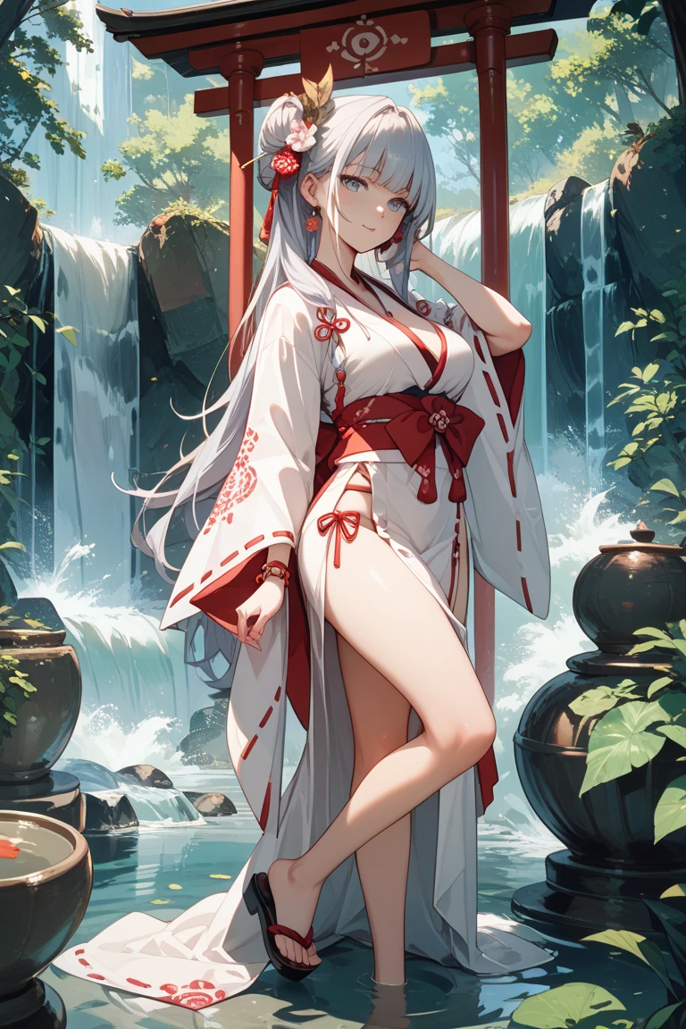 High definition、anime、A pure girl dressed in a shrine maiden's outfit、Flowers sprout from beneath your feet、18age、Halfred with long silver hair、Full body portrait、hide thighs、Wearing clogs、A long-sleeved miko outfit、Large eyes like opals、Powerful eyes、Dance dedicated to the gods