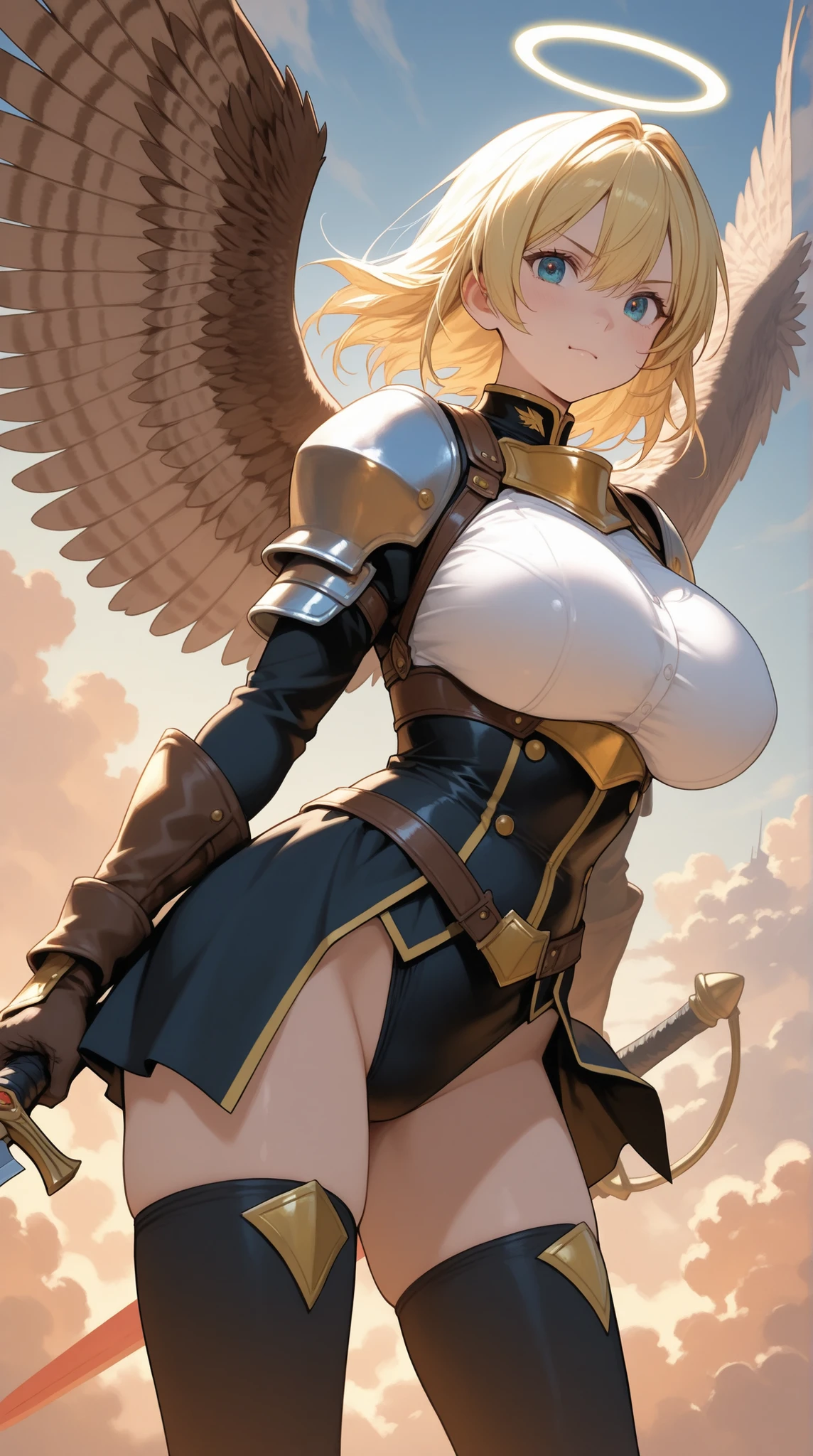 female valkyre prepared for battle, nordic look, viking, an extremally beautiful warrior valkyre, ultra feminine, long hair, light brown hair, braided hair, shiny golden knight armor, bright full plate armor, long boots, cleavage, medium breasts, angel wings, wielding sword, brave and bold facial expression, flying high in the sky, wings spread, zoom out, 16k, RAW, ultra wide shot, photorealism, depth of field, hyper realistic. ray tracing
