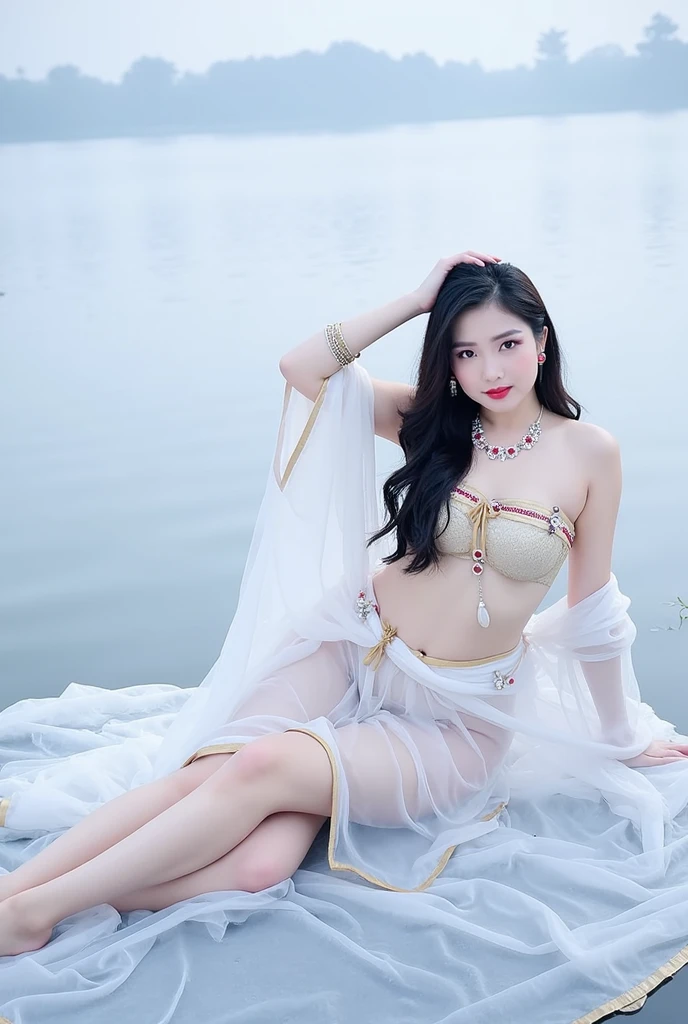 an extremely delicate and beautiful,CG ,8k wallpaper,masterpiece,best quality,hair ornament,forehead_gem,earrings,necklaces,solo,1girl,giant_breasts,(big breast:1.0),seductive_pose,sfw_nudity,(jewelery:1.3),areola_slip,(see_through:1.2),(tulle transparent trim:1.0),bracelets,(smiling_at_the_viewer:1.0), regal princess, bejeweled_headress,head chain,armlets,desert,outdoors,belly button