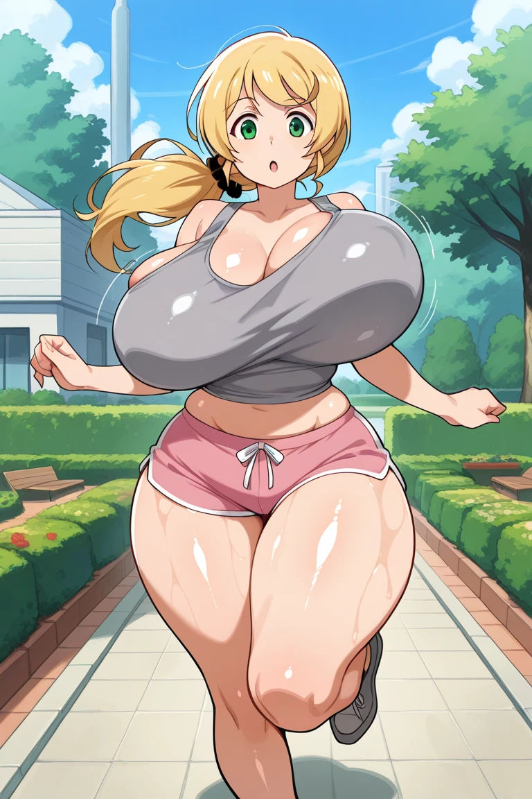 High resolution, Tsunade Senju, 1 girl, ((bimbo))), long blond hair, pony tail, puffy lips, painted lips, thick lips, wide hips, thick thighs, huge ass, sexy face, craving lust face , enormous huge natural breasts, revealing cleavage, young, 20 years old, slim figure, skirt, cheerleader, top, highschool cheerleader, squishy breasts, thick saggy breasts, huge nipples, breasts bulge, posing,