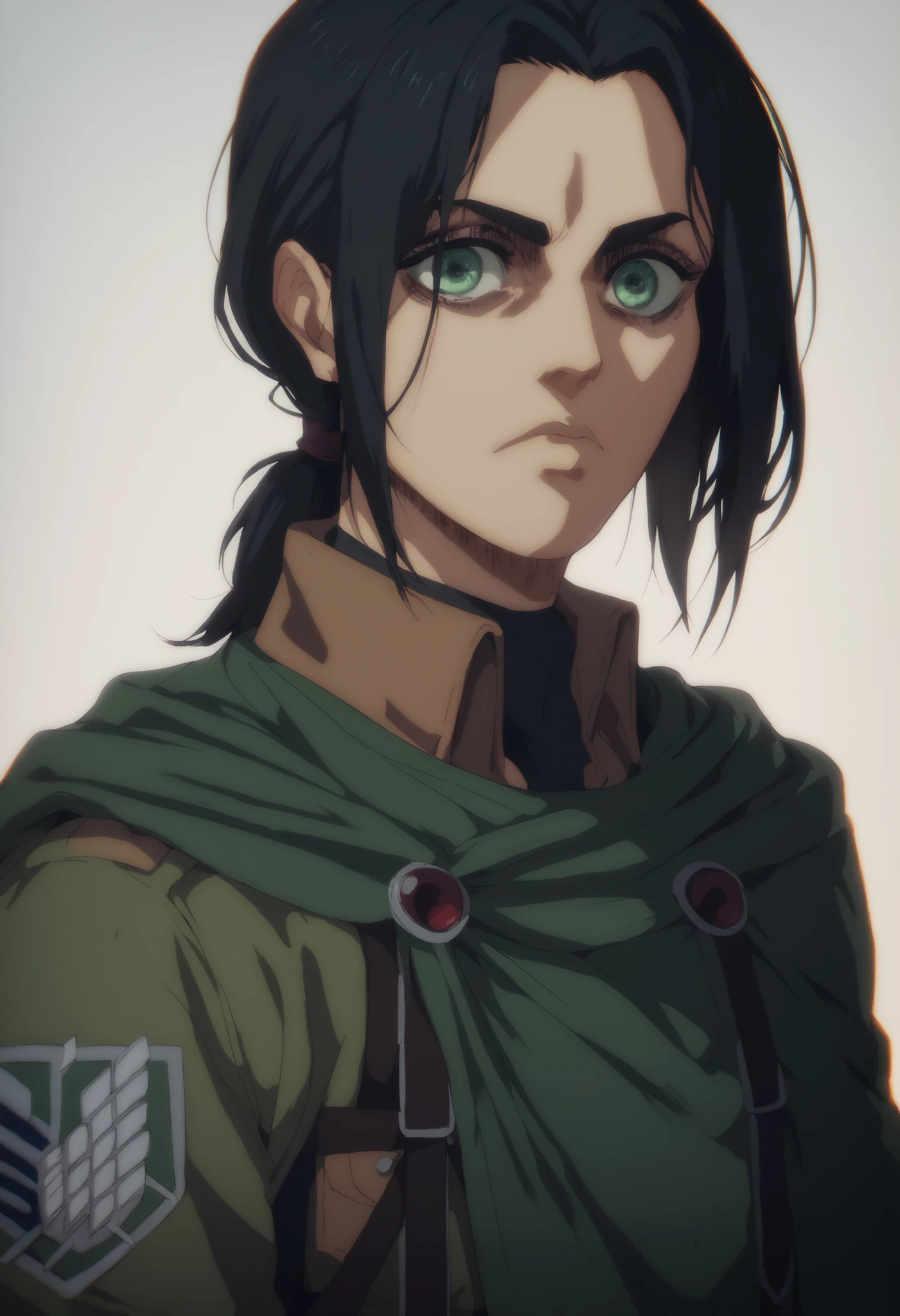 A girl character from attack on titans, long black hair, low ponytail, green eyes, gorgeous face. Soldier clothes, kind