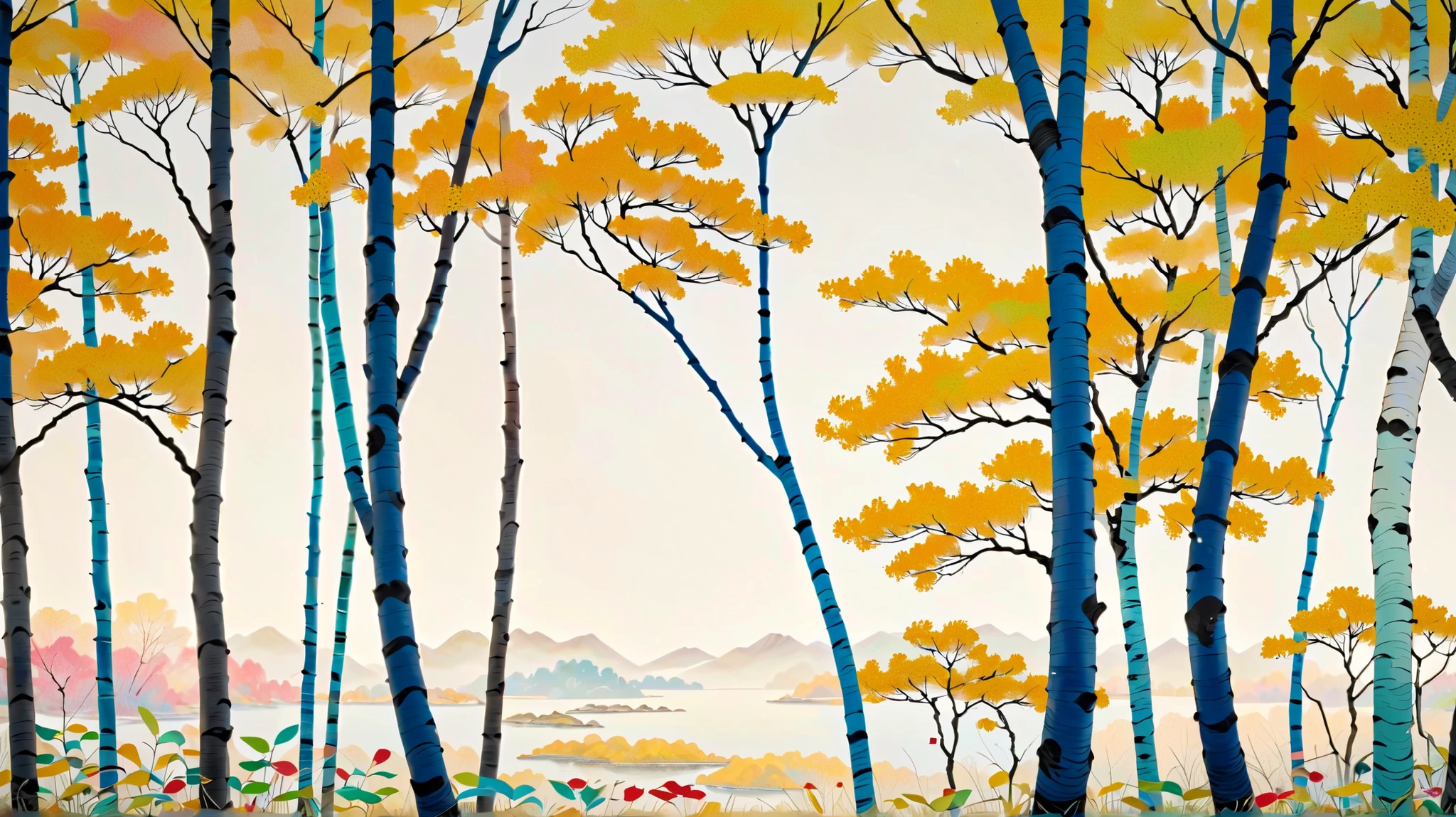 2D, Flat ,Cloisonne Enamel, Chinese style ,Contemporary Art,Painted,Chinese Aesthetics,Printed Patterns,color ink , pointillism ,((:1.9)),Freestyle , artistic conception ,Wu Guanzhong 'Artistic Style,Minimalism, birch ,Elegant and Soft Tones