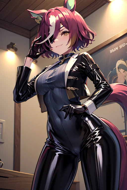 NSFW, masterpiece, standing insanely hot (woman 1) using sexy ((bunny suit)), (((cute pose))), ((thin thigths)), blushed face, big dark eyes,  purple hair, very big boobs, bunny ears, bangs