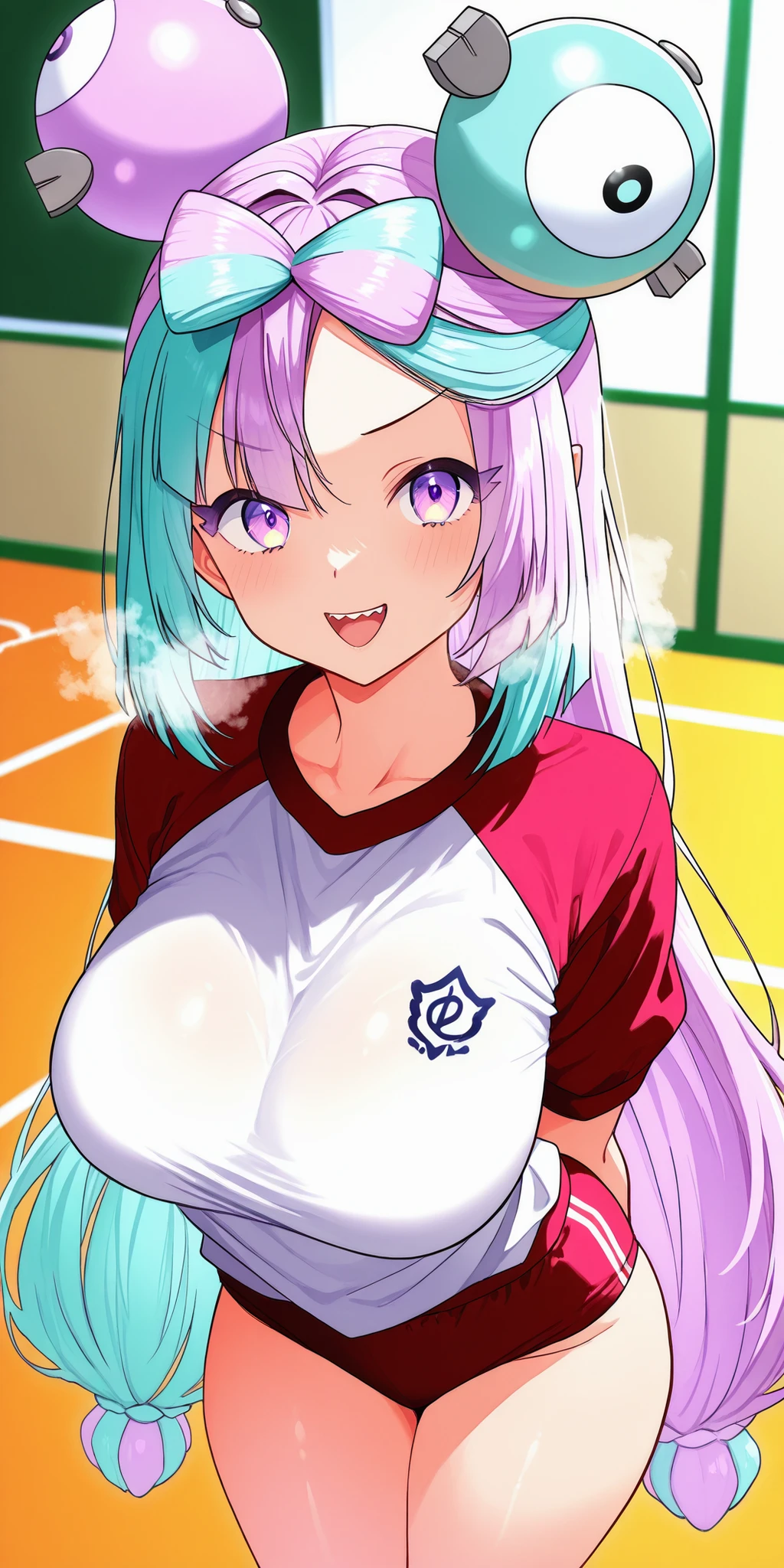 best quality、Highest Quality、masterpiece、One Girl、source_anime, aaiono、standing、heavy breathing、nasty eyes、looking over here、excitedした顔、excitedした表情、Big Breasts、thighs、 big butt、overview、excited、embarrassing、bloomers to hug、gym clothes、 Seductive Poses、顔とthighsと胸に精液まみれ