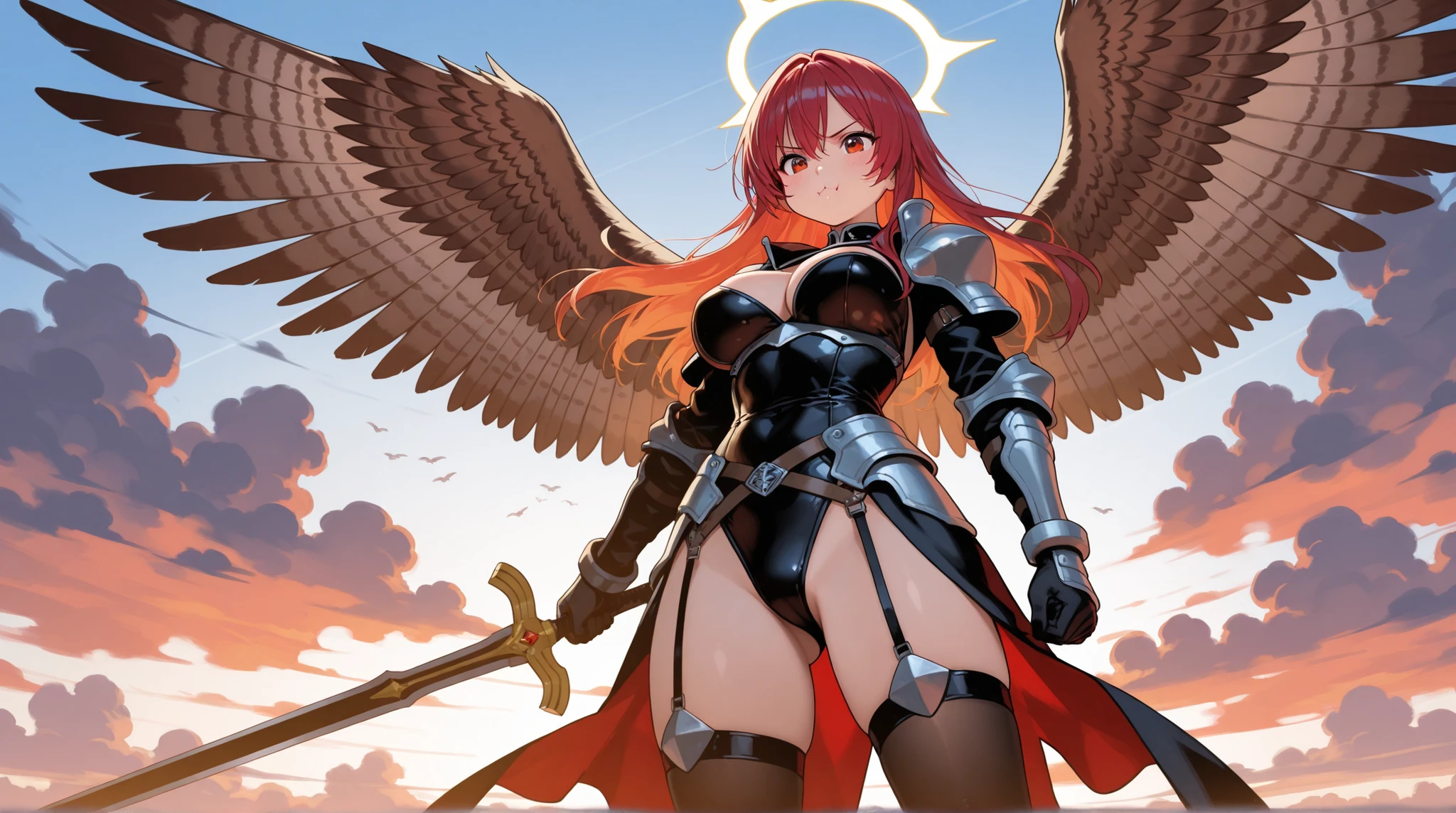 fantasy, 1 angel_girl, cute, , red-haired_hair, medium_bob_hair, long_bangs, halo, bare_shoulder, thighhighs, silver_armor, waist_armor, little_breasts, angry, grinning, open_mouth_teeth, 1 pair_wings, dynamic_pose_fighting, floating, bare_crotch, headgear, gauntlet, greaves, city_background, slightly_spread_legs, solo, groin_naked,
